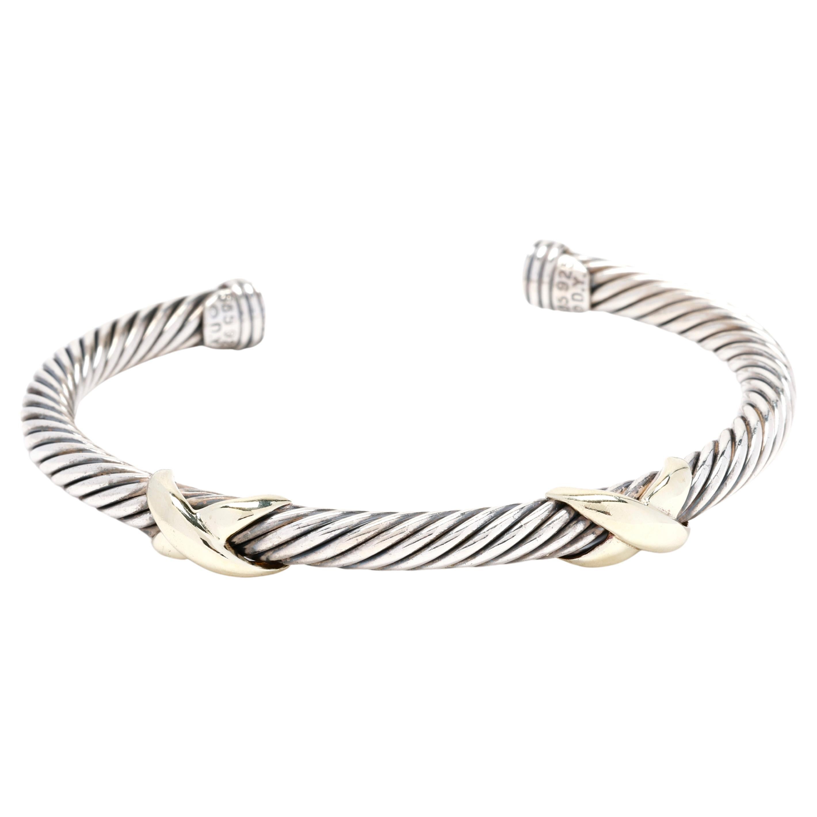 David Yurman 14K Yellow Gold & Sterling Silver Double X Cable Cuff Bracelet  For Sale