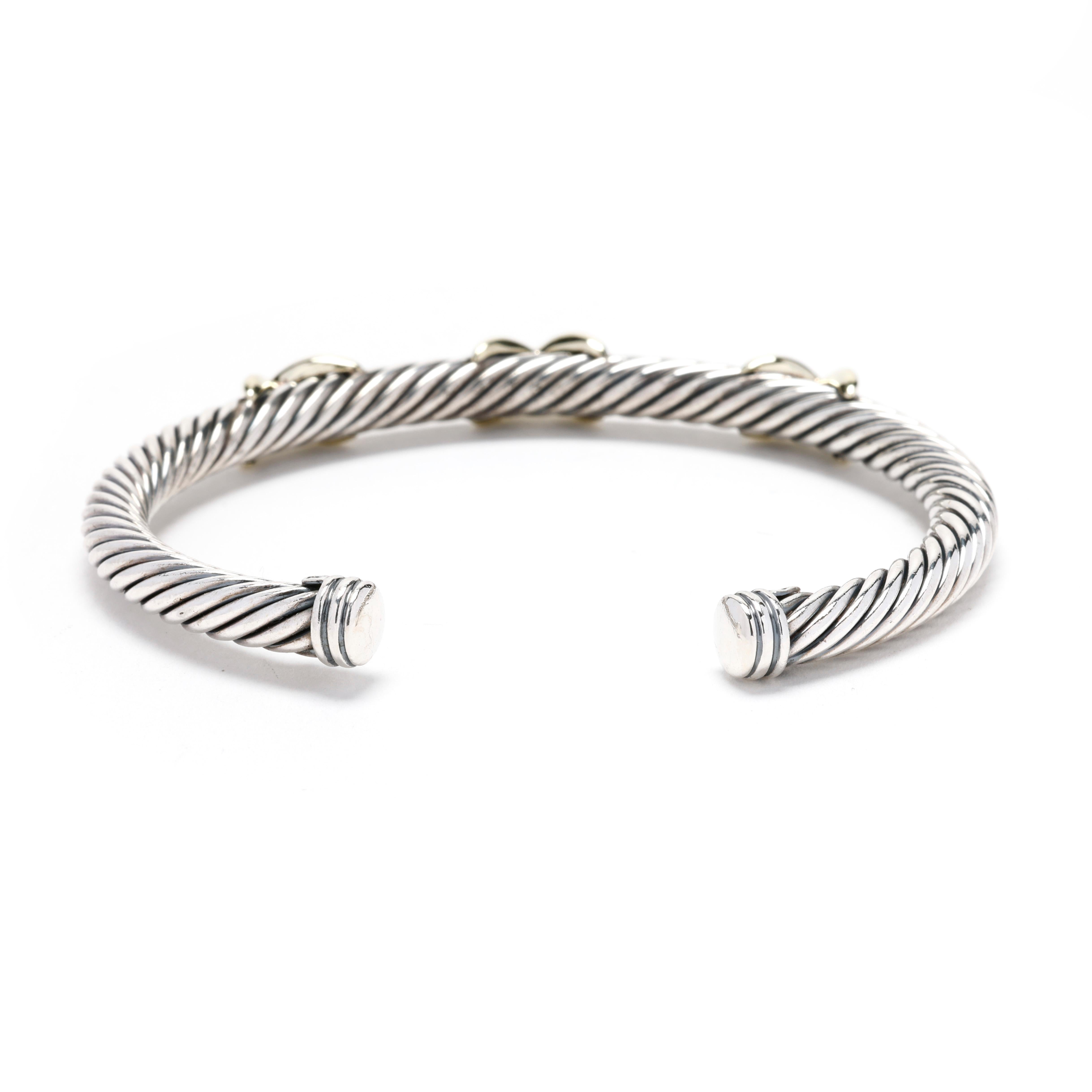 David Yurman 14K Yellow Gold & Sterling Silver Triple X Cable Cuff Bracelet In Good Condition For Sale In McLeansville, NC