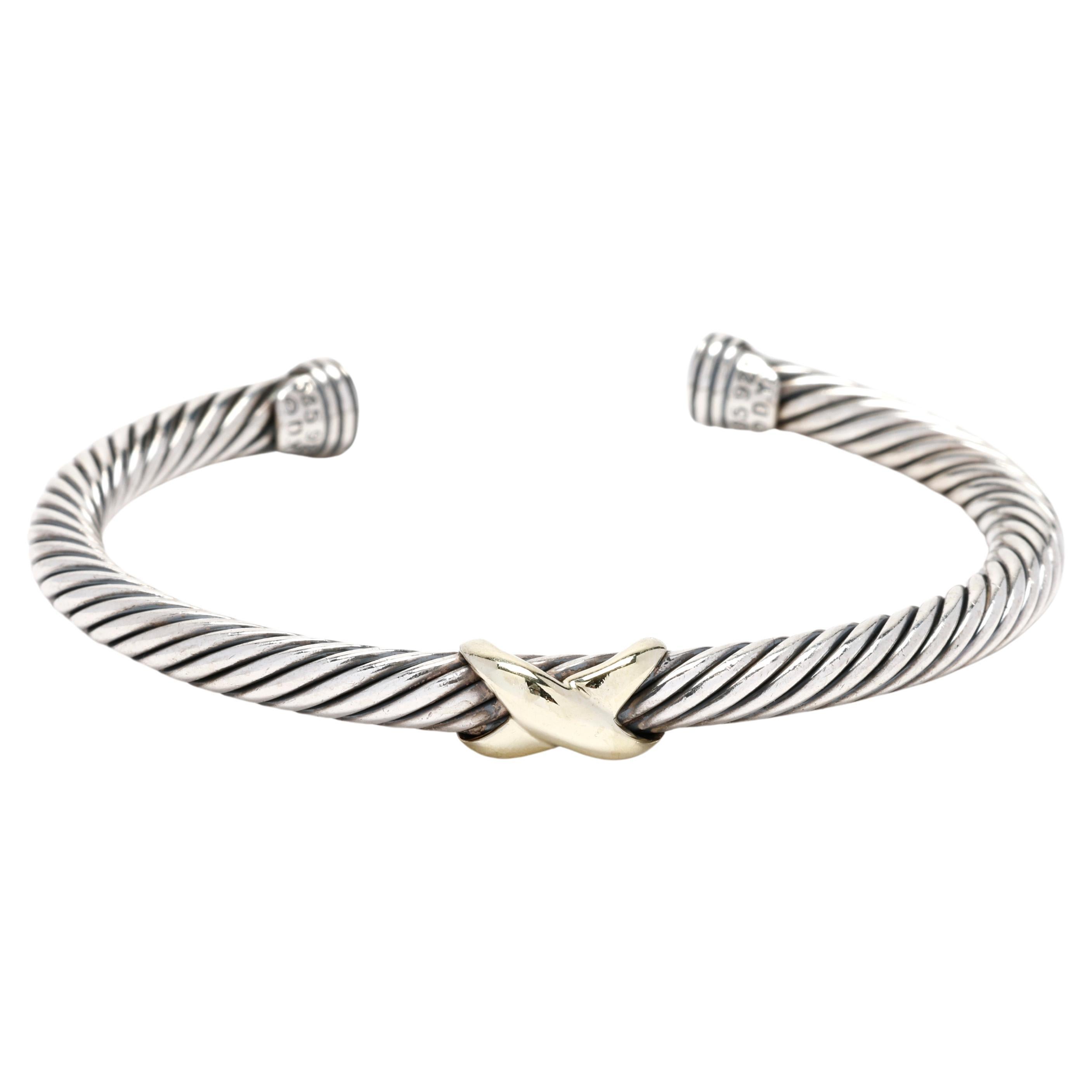 David Yurman 14K Yellow Gold & Sterling Silver X Cable Cuff Bracelet For Sale