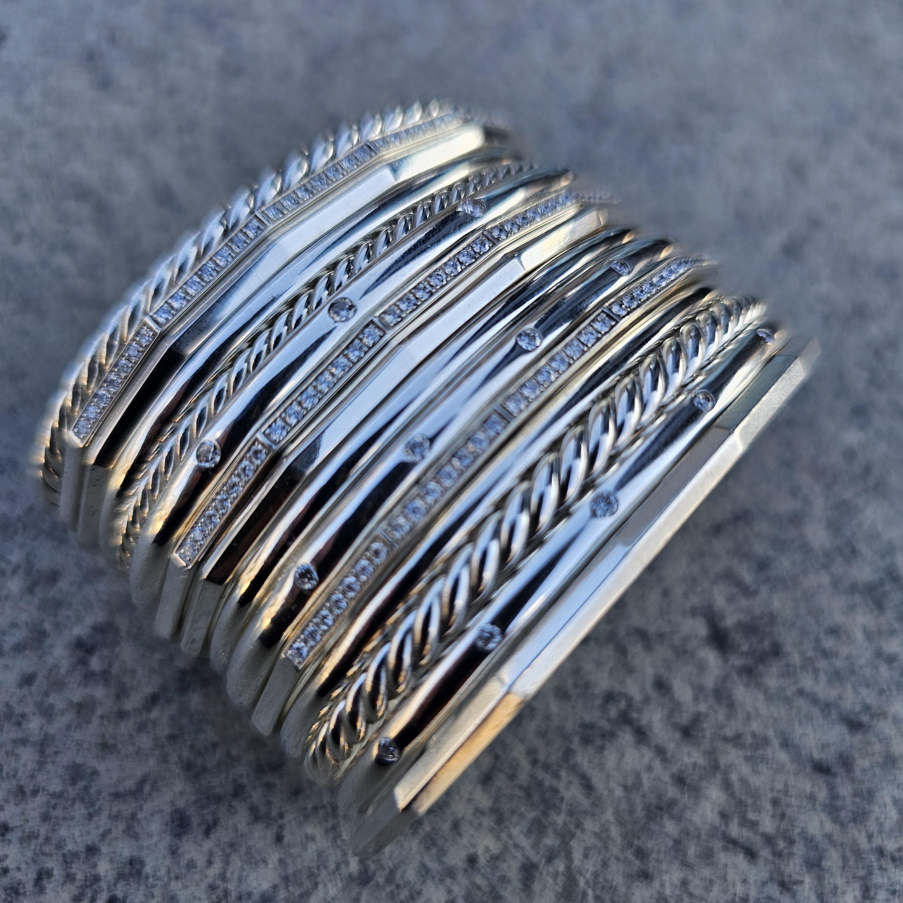 David Yurman 15 Row Stax Diamond Cuff Bracelet Wide Sterling Silver 925 6.5