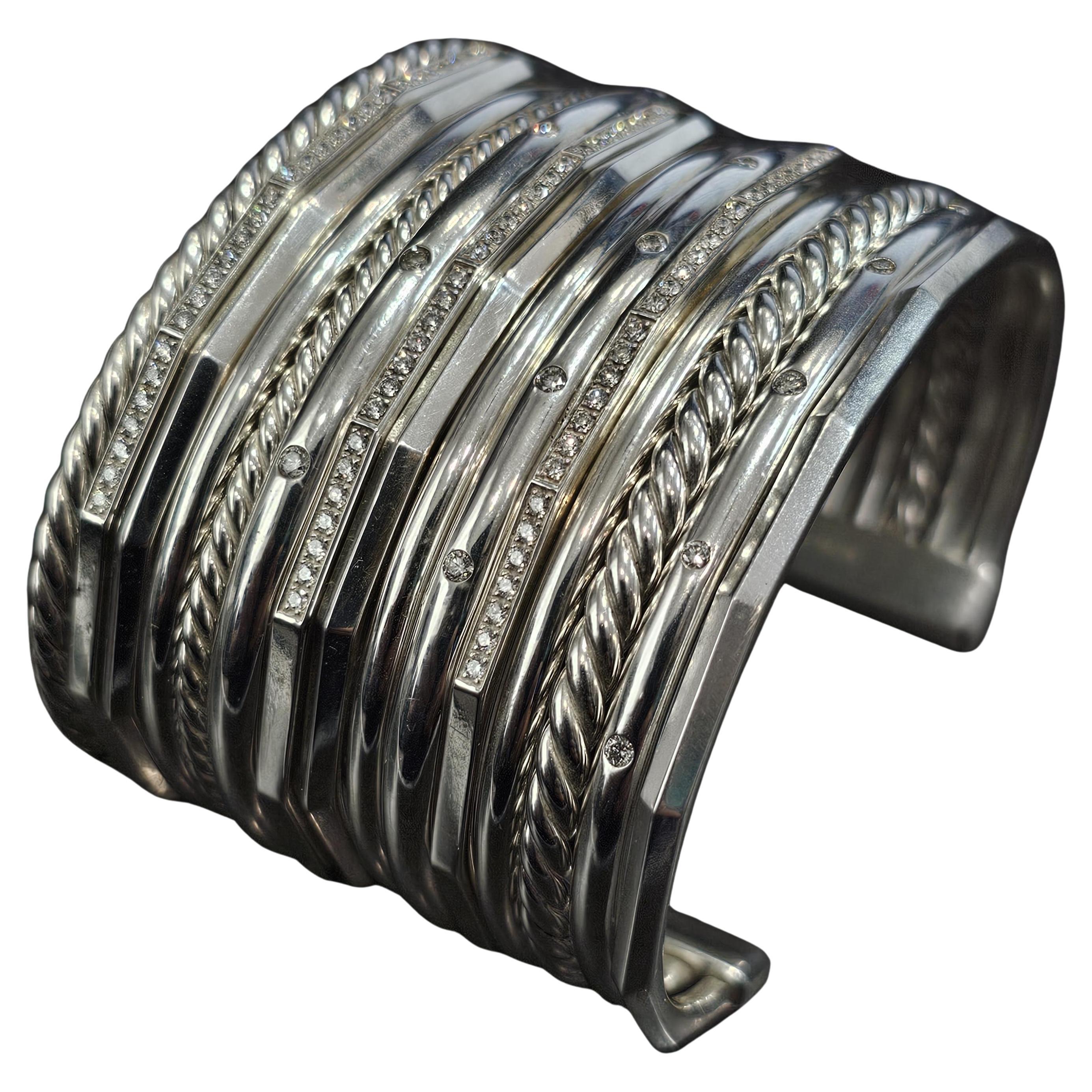 David Yurman Cuff Bracelet Sterling Silver Diamond: This is the extra-wide 15-row version! Normally, you only see the 10-row version. This one is basically not available anywhere! The original retail is close to $6000. Three rows are full diamonds,