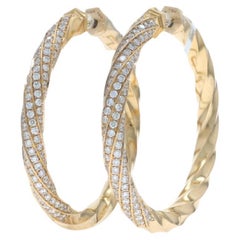 David Yurman 1.5in Cable Edge Diamond Hoop Earrings Yellow Gold 18k Rd 1.84ctw