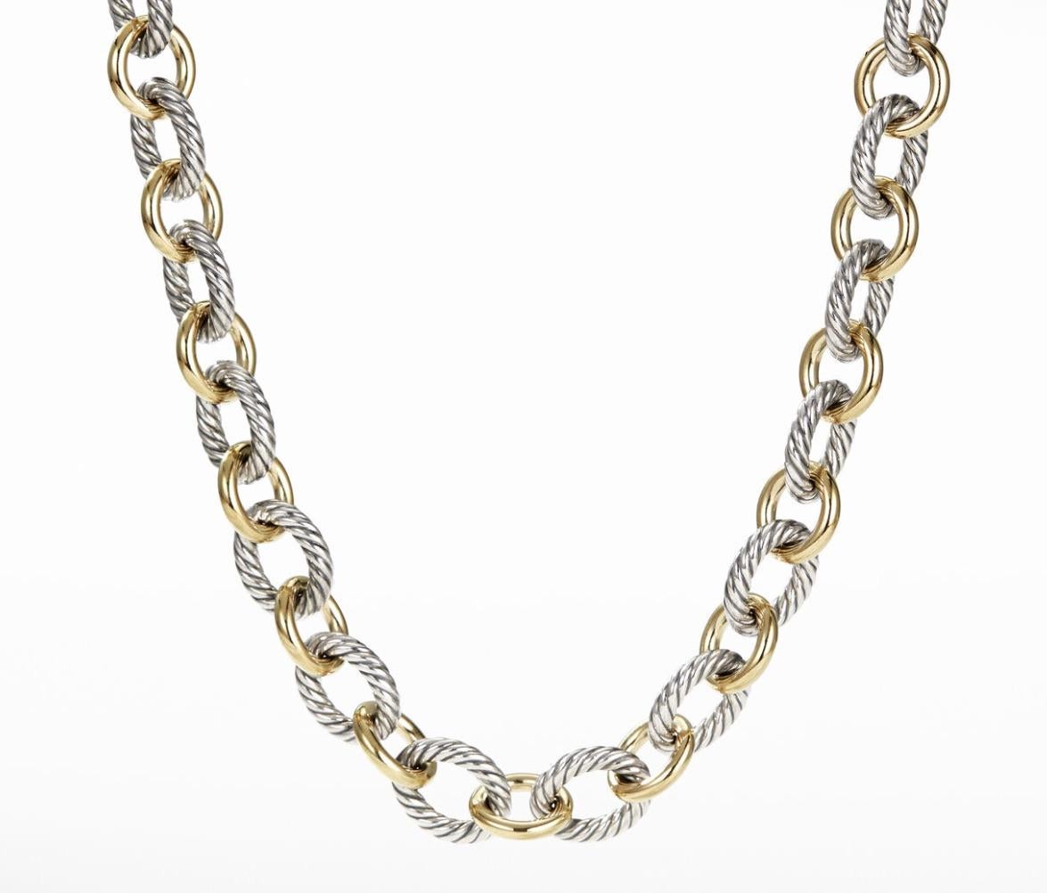 David Yurman 16mm Oval Link Cable Chain In 18k Yellow Gold and Sterling Silver

  Necklace: 
      Metal - 18K Yellow Gold & Sterling Silver
      Length - 18in 
      Weight - 98 Grams
      