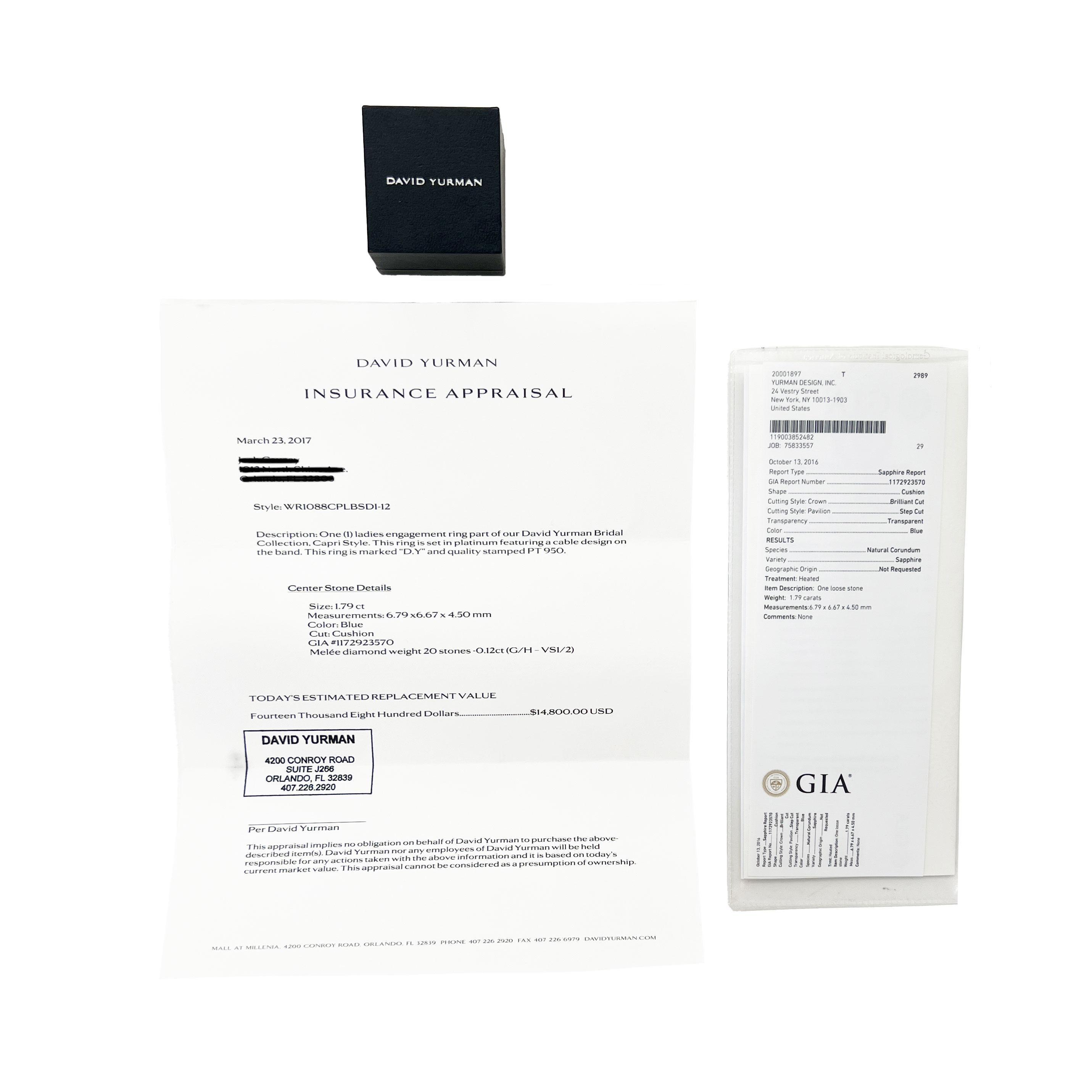 Women's David Yurman 1.79 ct Cushion Modified Sapphire and Diamond Capri Engagement Ring For Sale