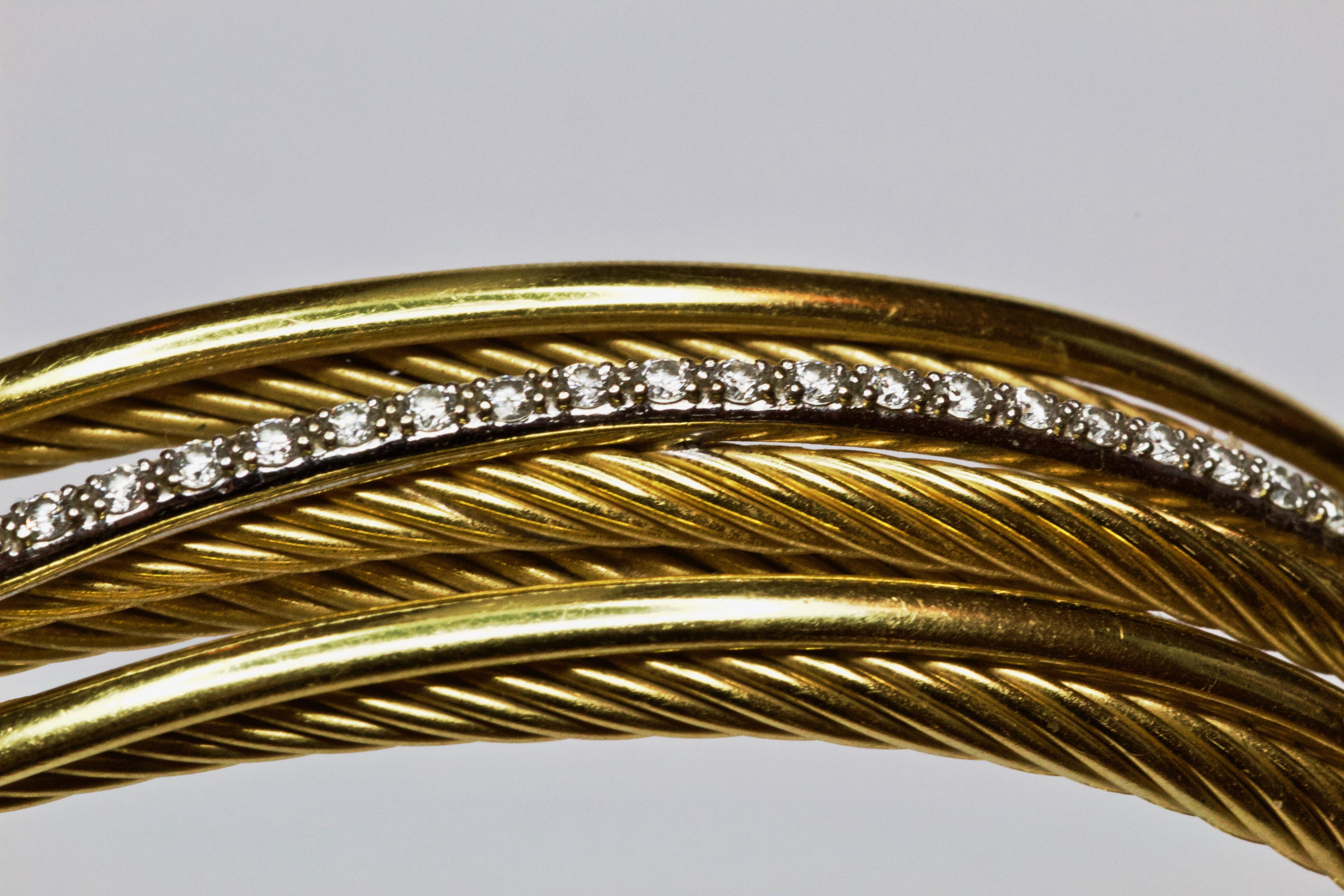 David Yurman 18 Carat Gold Platinum Crossover Cuff Diamond Bangle In Excellent Condition For Sale In Chipping Campden, GB