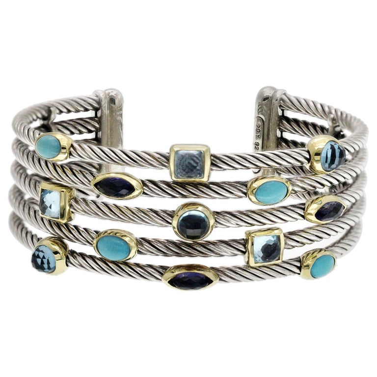 David Yurman 18 Karat Gold 925 Silver 5Row Confetti Gemstone Cuff Bracelet at 1stDibs