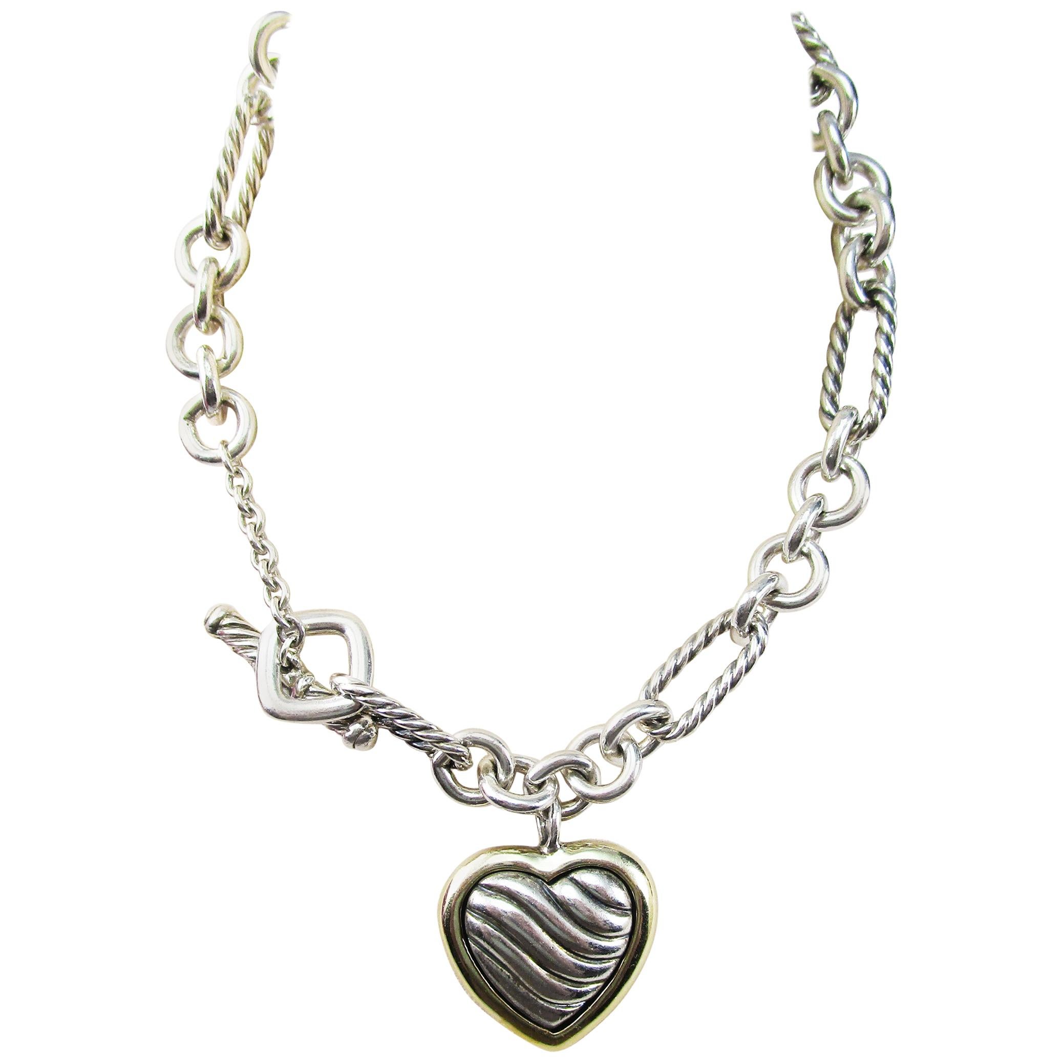 David Yurman 18 Karat Gold and Sterling Silver Heart Pendant Chain Necklace