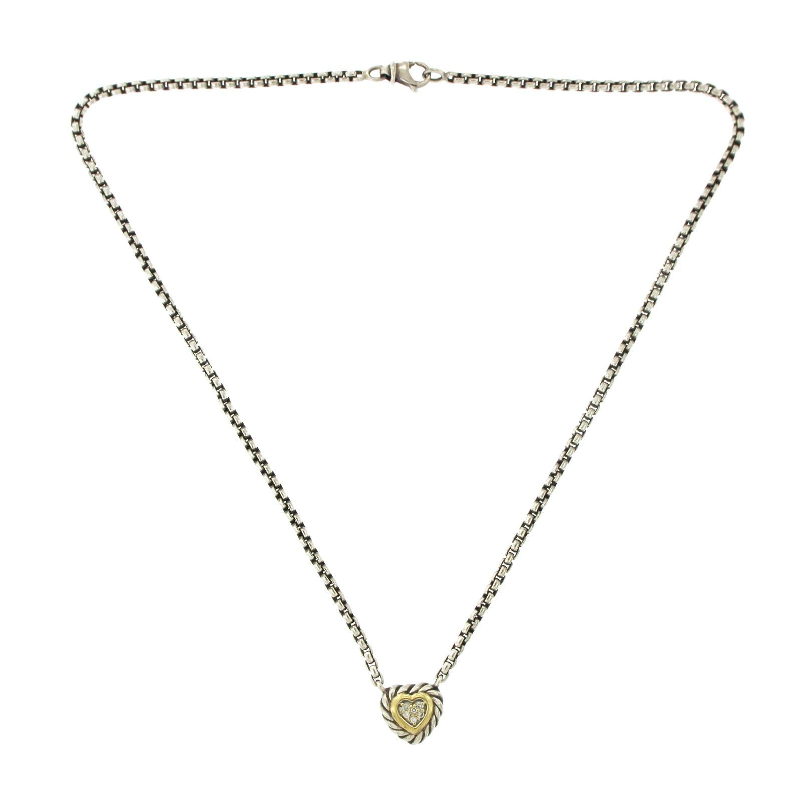 David Yurman 18 Karat Gold and Sterling Silver Pave Diamond Heart Necklace