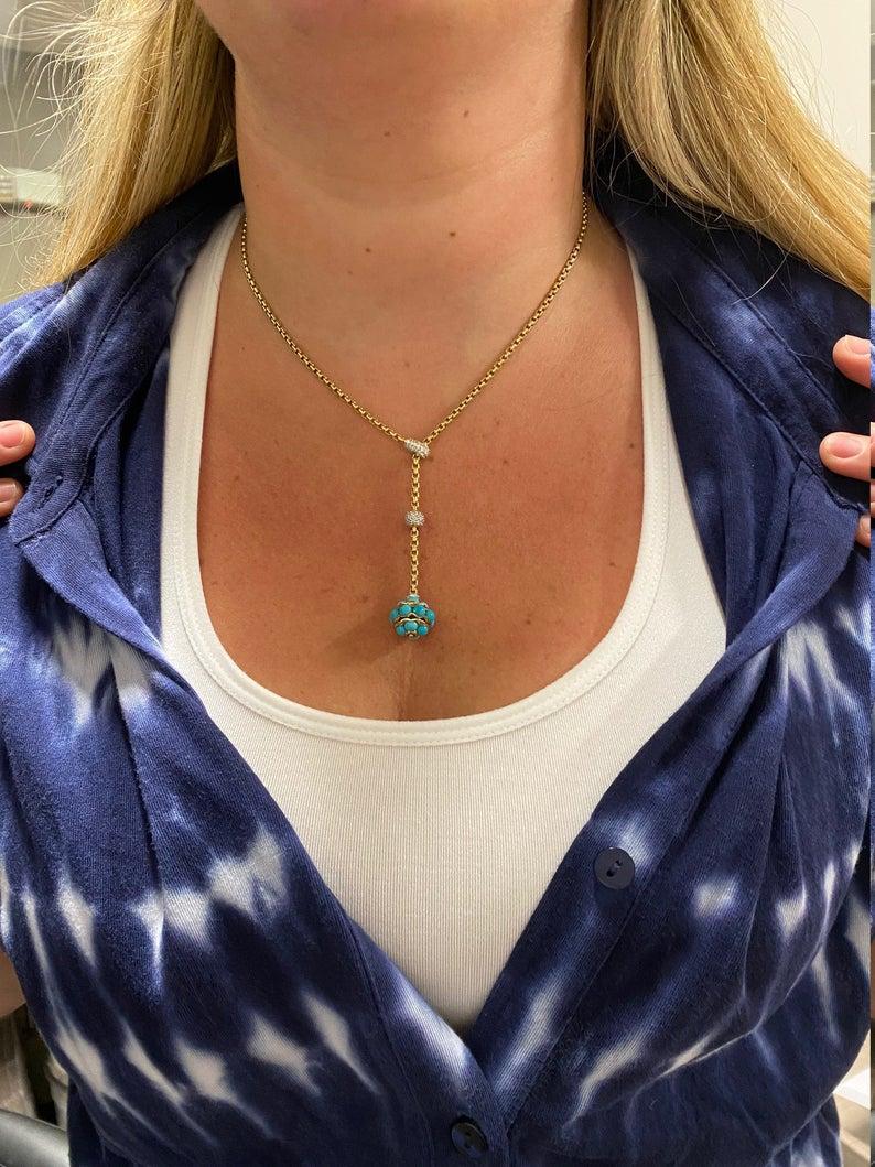 David Yurman 18 Karat Gold Diamond Lariat Necklace Turquoise Ball Pendant Drop In Good Condition In  Baltimore, MD