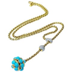 Used David Yurman 18 Karat Gold Diamond Lariat Necklace Turquoise Ball Pendant Drop