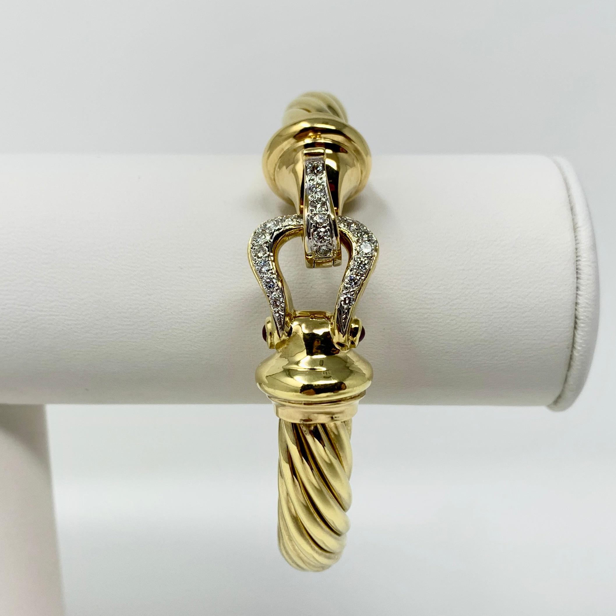 David Yurman 18 Karat Yellow Gold 1 Carat Diamond Ruby Emerald Cable Bracelet In Good Condition In Guilford, CT
