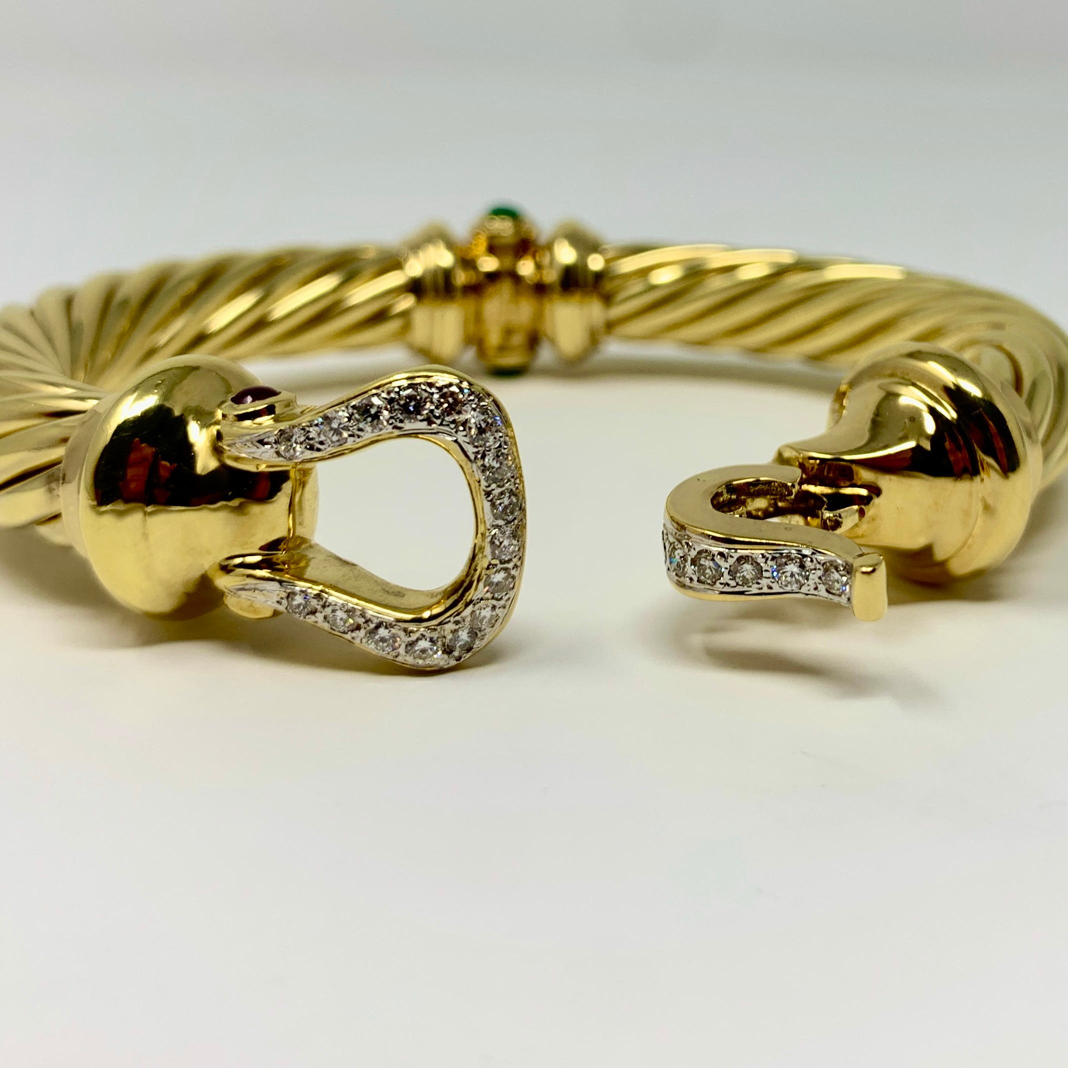 David Yurman 18 Karat Yellow Gold 1 Carat Diamond Ruby Emerald Cable Bracelet 1