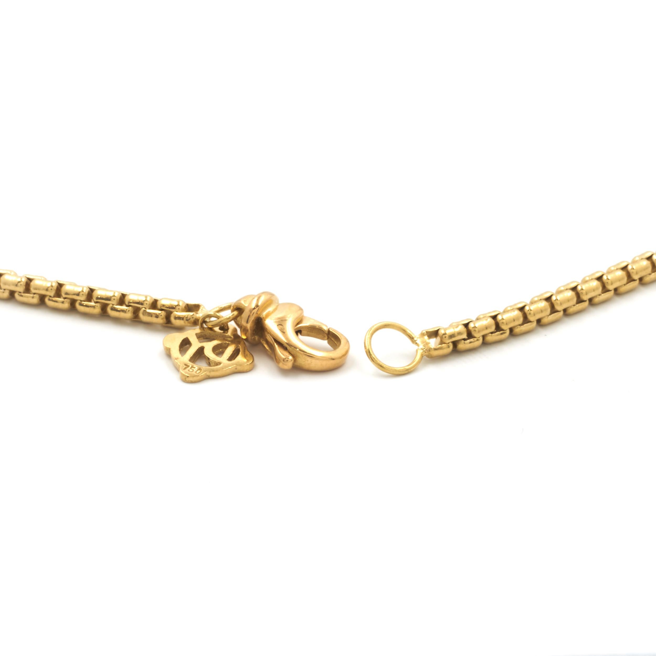 Designer: David Yurman
Material: 18K yellow gold
Weight: 23.43 grams
Measurement: necklace measures 18-inches in length, 2.7mm wide


