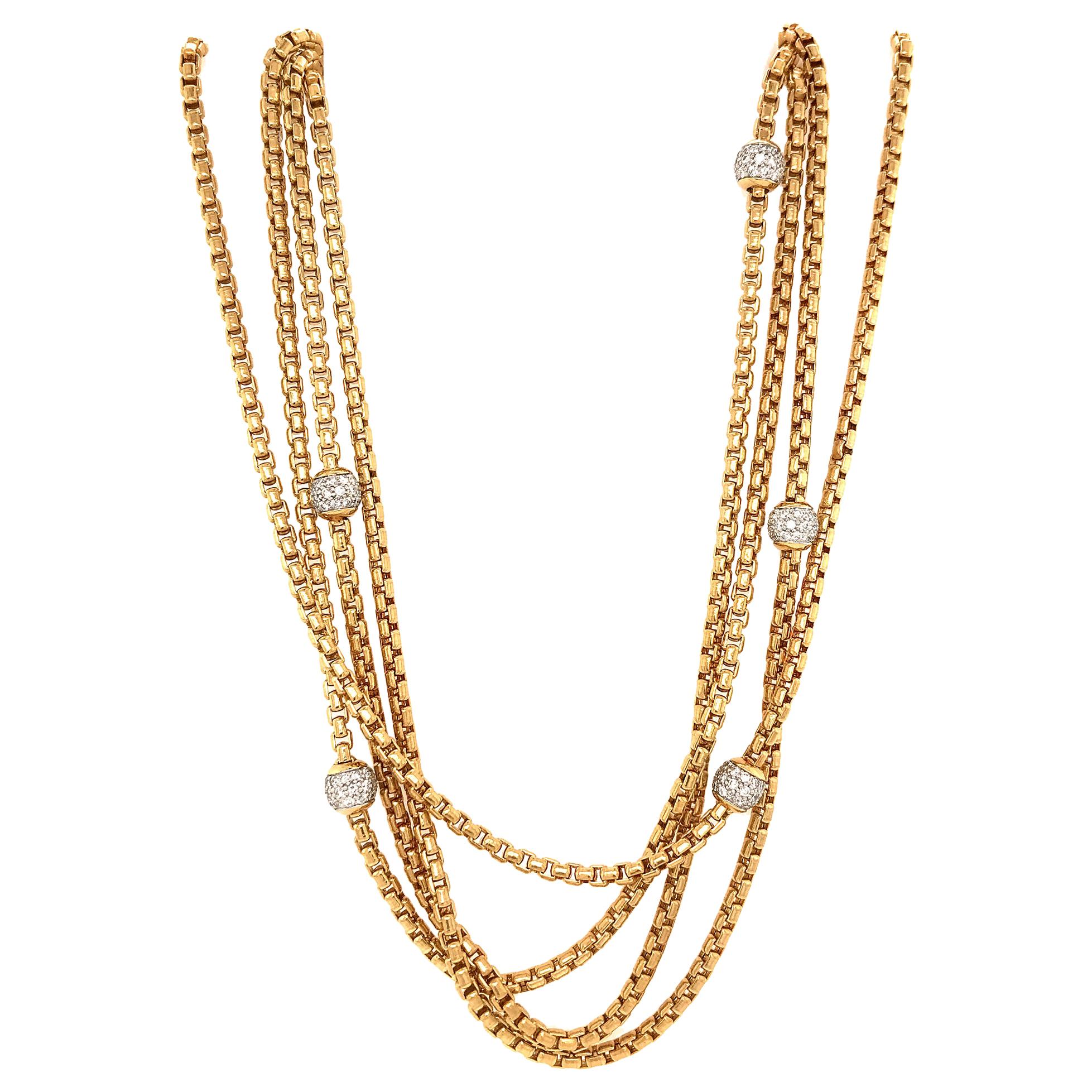 David Yurman 18 Karat Yellow Gold 4-Row Diamond Ball Necklace