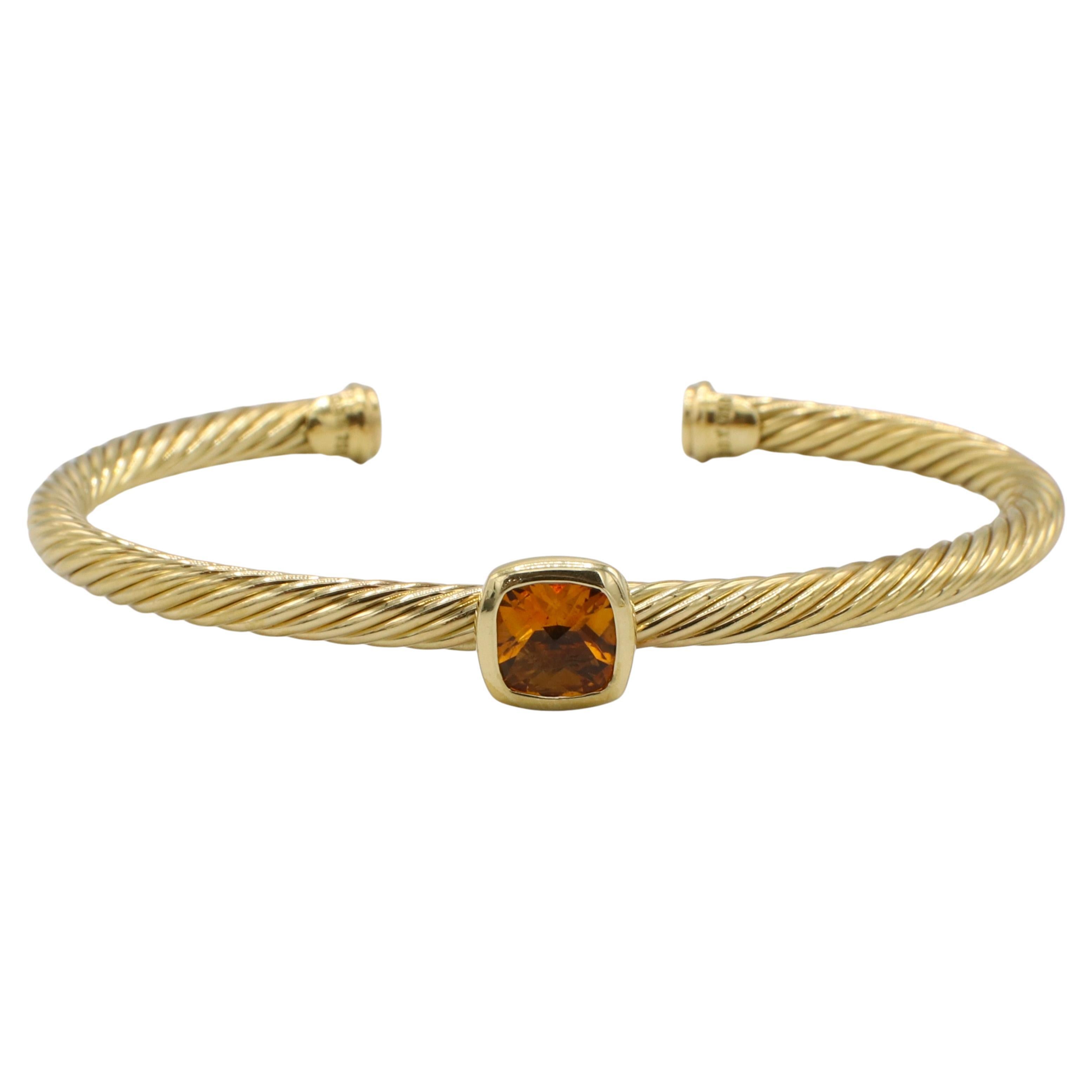 David Yurman 18 Karat Yellow Gold 4MM Cable Classic Citrine Bangle Cuff Bracelet