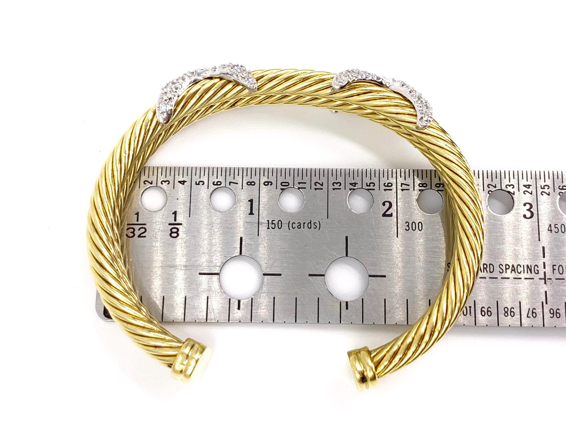 David Yurman 18 Karat Yellow Gold and Diamond Cable Cuff Bracelet For Sale 2