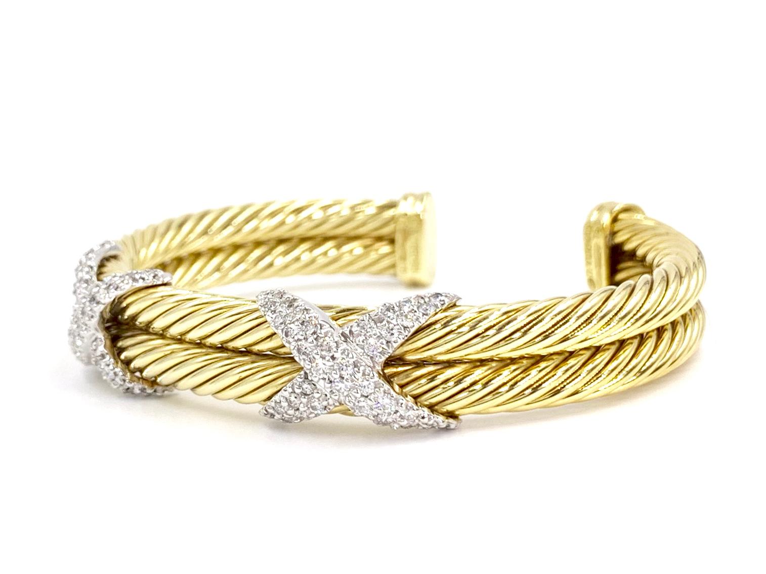 Contemporary David Yurman 18 Karat Yellow Gold and Diamond Cable Cuff Bracelet For Sale