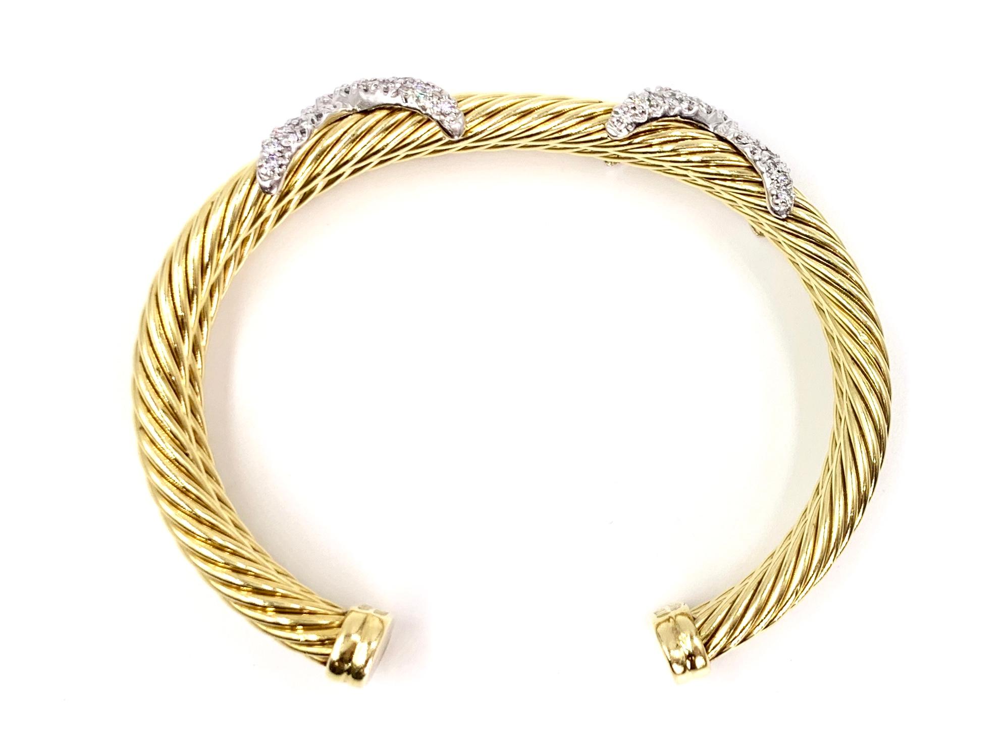 David Yurman 18 Karat Yellow Gold and Diamond Cable Cuff Bracelet In Good Condition For Sale In Pikesville, MD