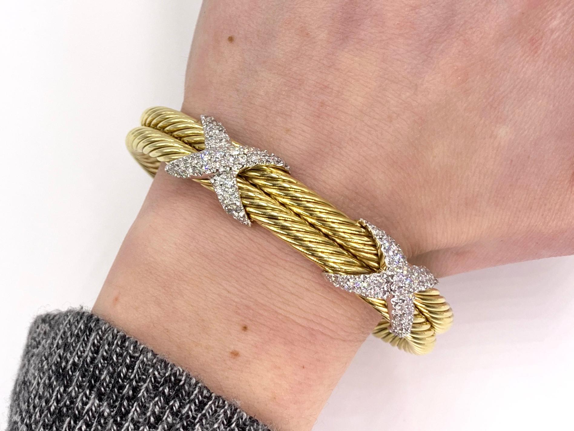 David Yurman 18 Karat Yellow Gold and Diamond Cable Cuff Bracelet For Sale 1