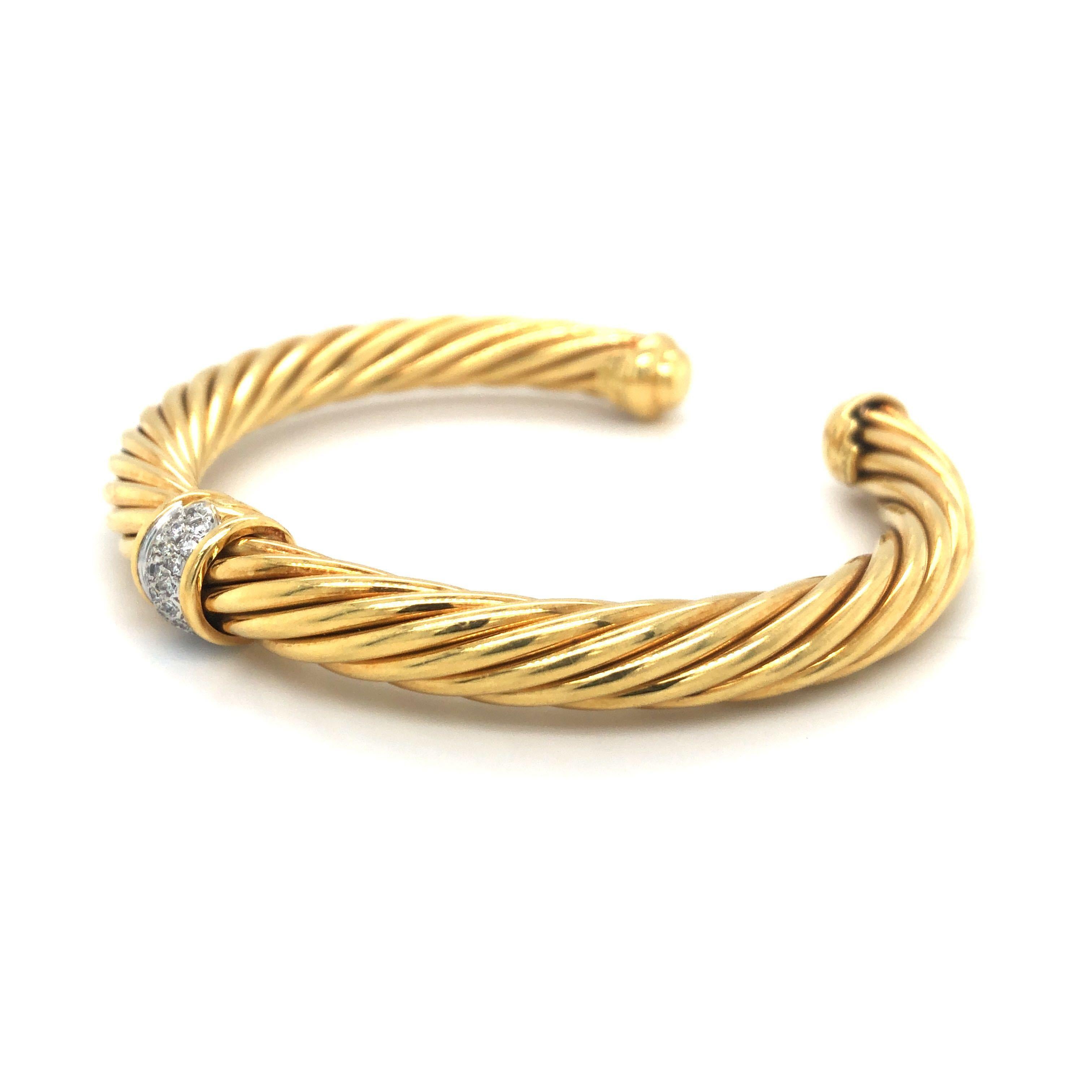 David Yurman 18k Yellow Gold and Diamond Twisted Cable Cuff Bracelet 6