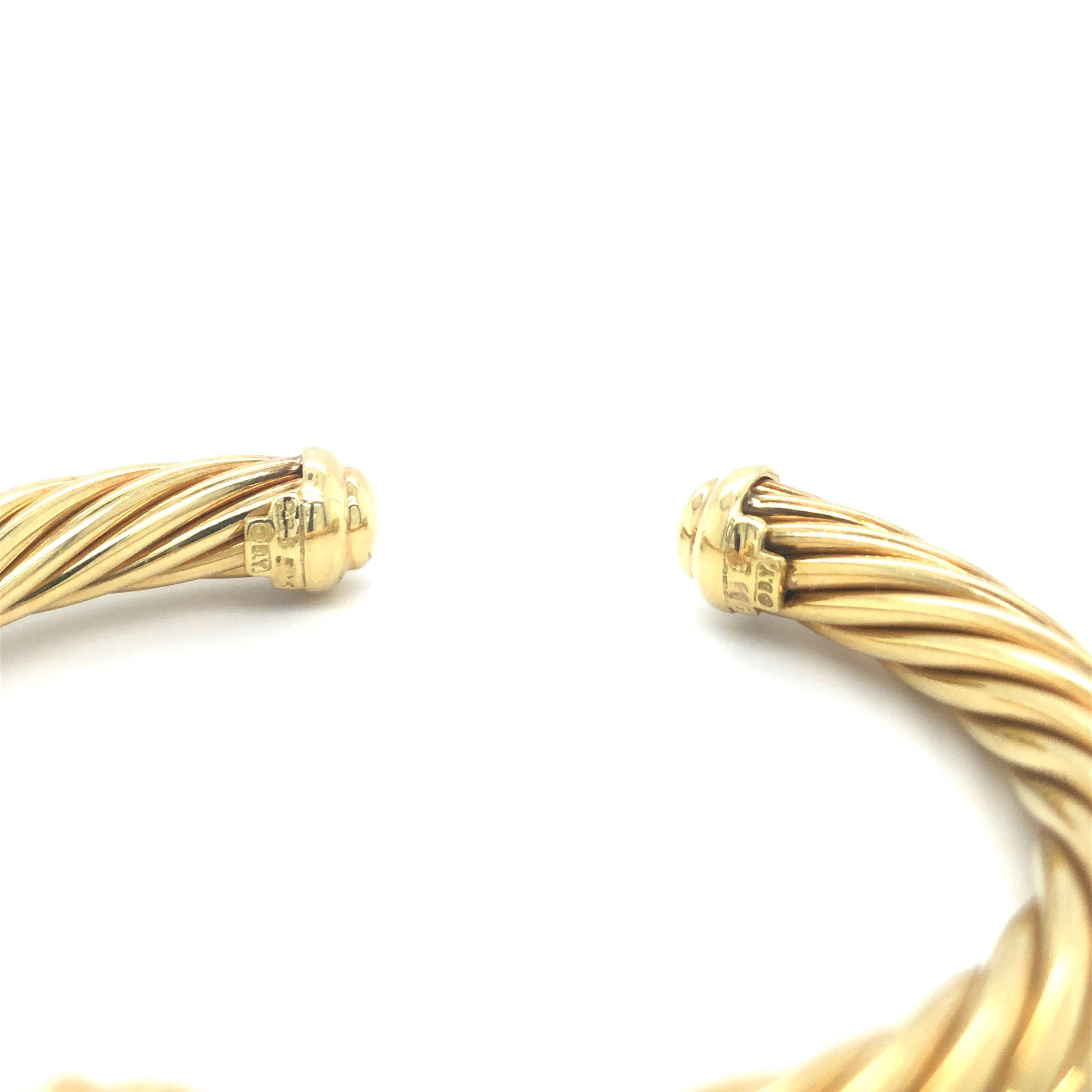 Round Cut David Yurman 18 Karat Yellow Gold and Diamond Twisted Cable Cuff Bracelet