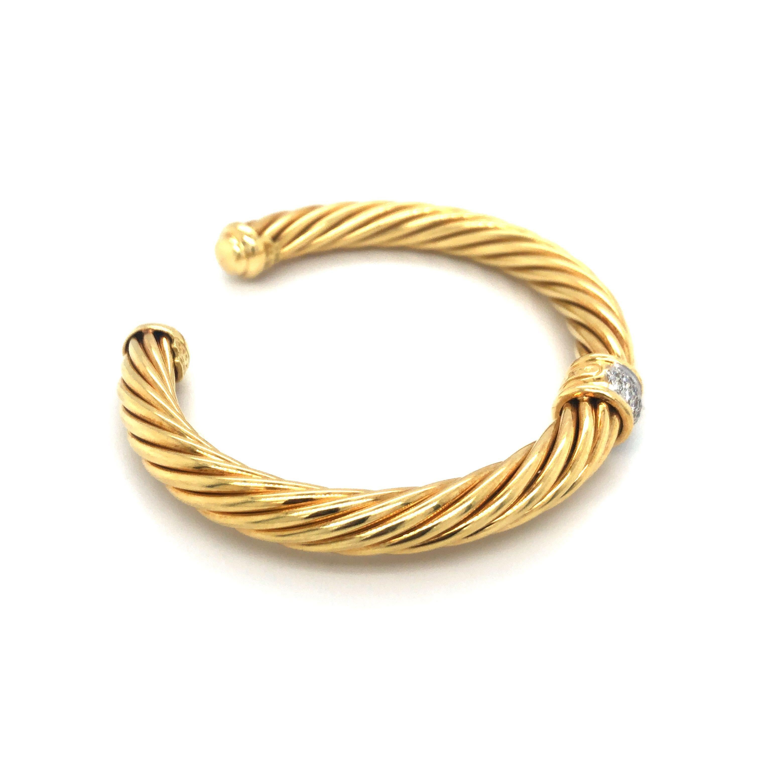 Women's David Yurman 18 Karat Yellow Gold and Diamond Twisted Cable Cuff Bracelet