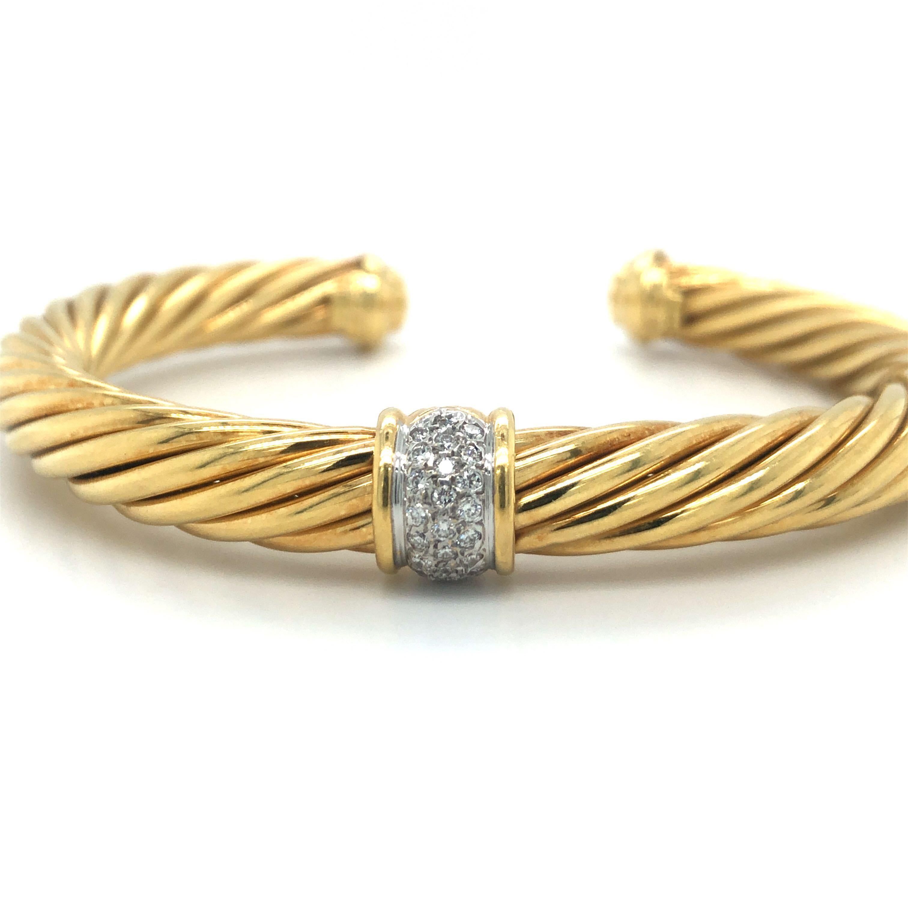 David Yurman 18 Karat Yellow Gold and Diamond Twisted Cable Cuff Bracelet 3