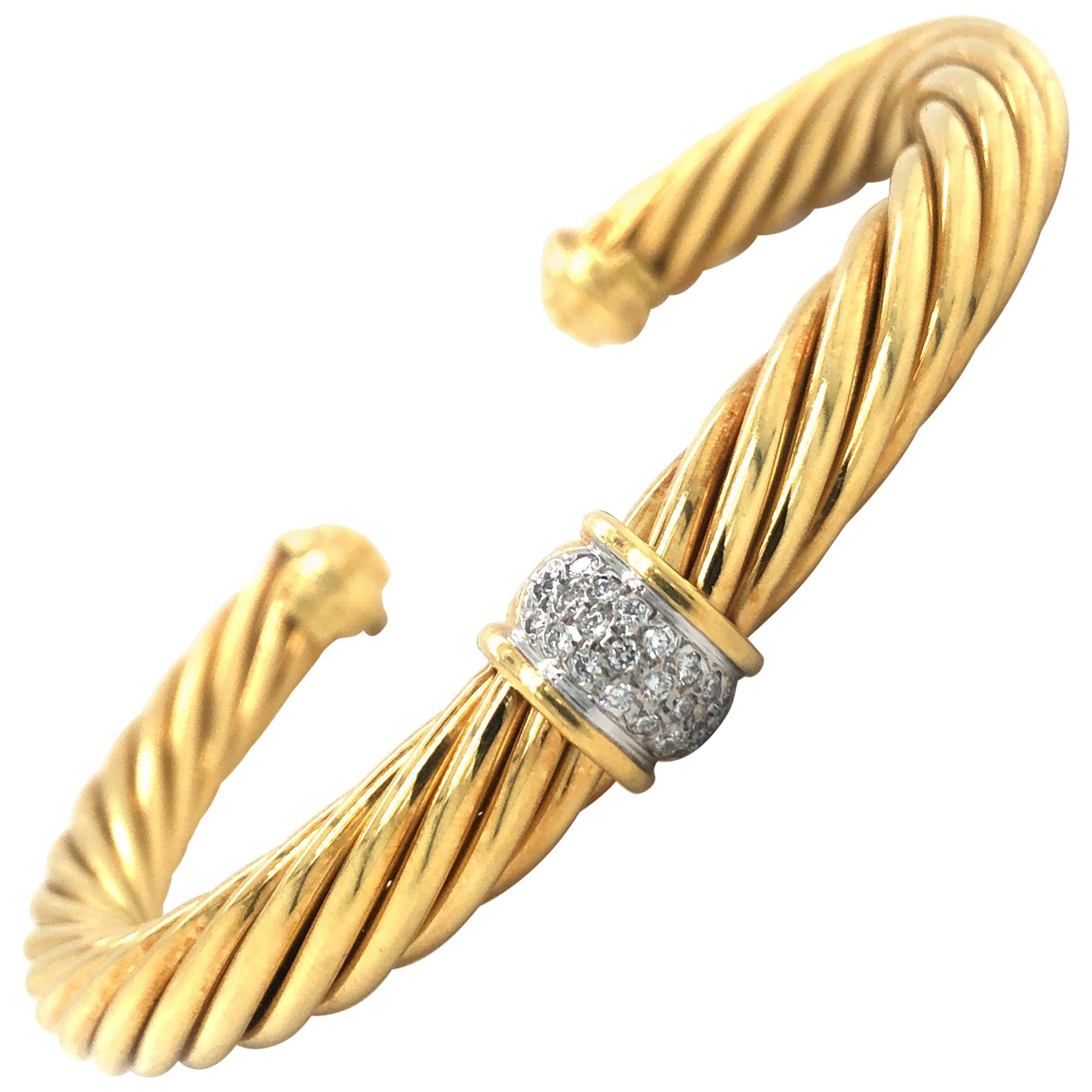 David Yurman 18 Karat Yellow Gold and Diamond Twisted Cable Cuff Bracelet