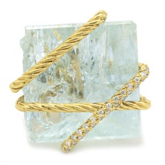 David Yurman 18 Karat Yellow Gold Aquamarine and Diamond Cable Wrap Ring