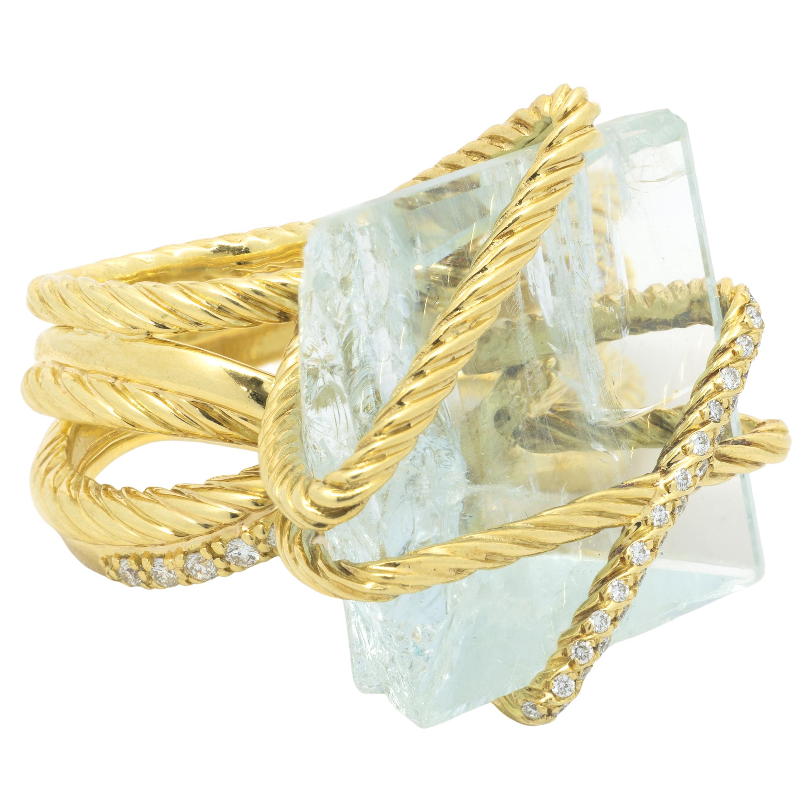 David Yurman 18 Karat Yellow Gold Aquamarine and Diamond Cable Wrap Ring