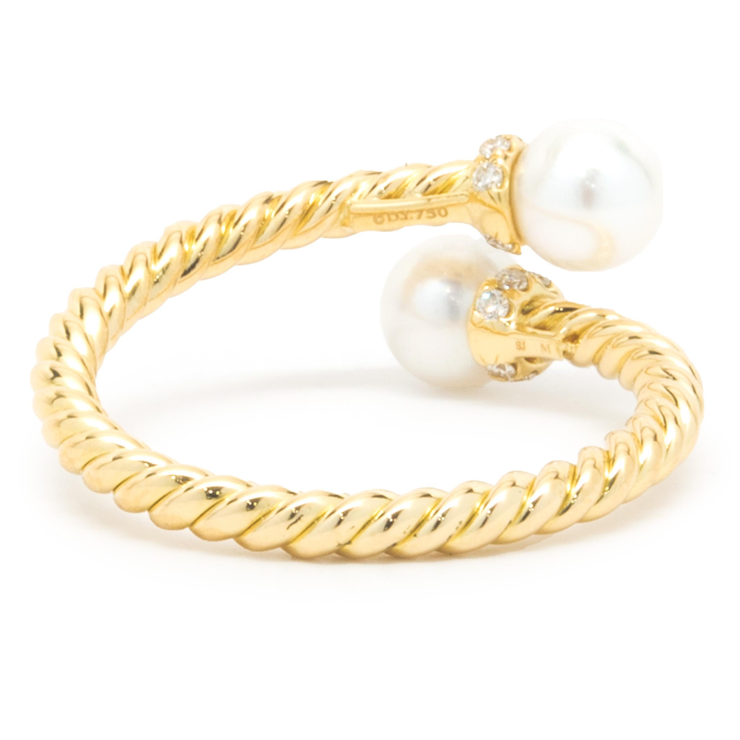 Round Cut David Yurman 18 Karat Yellow Gold Cable Pearl Bypass Ring