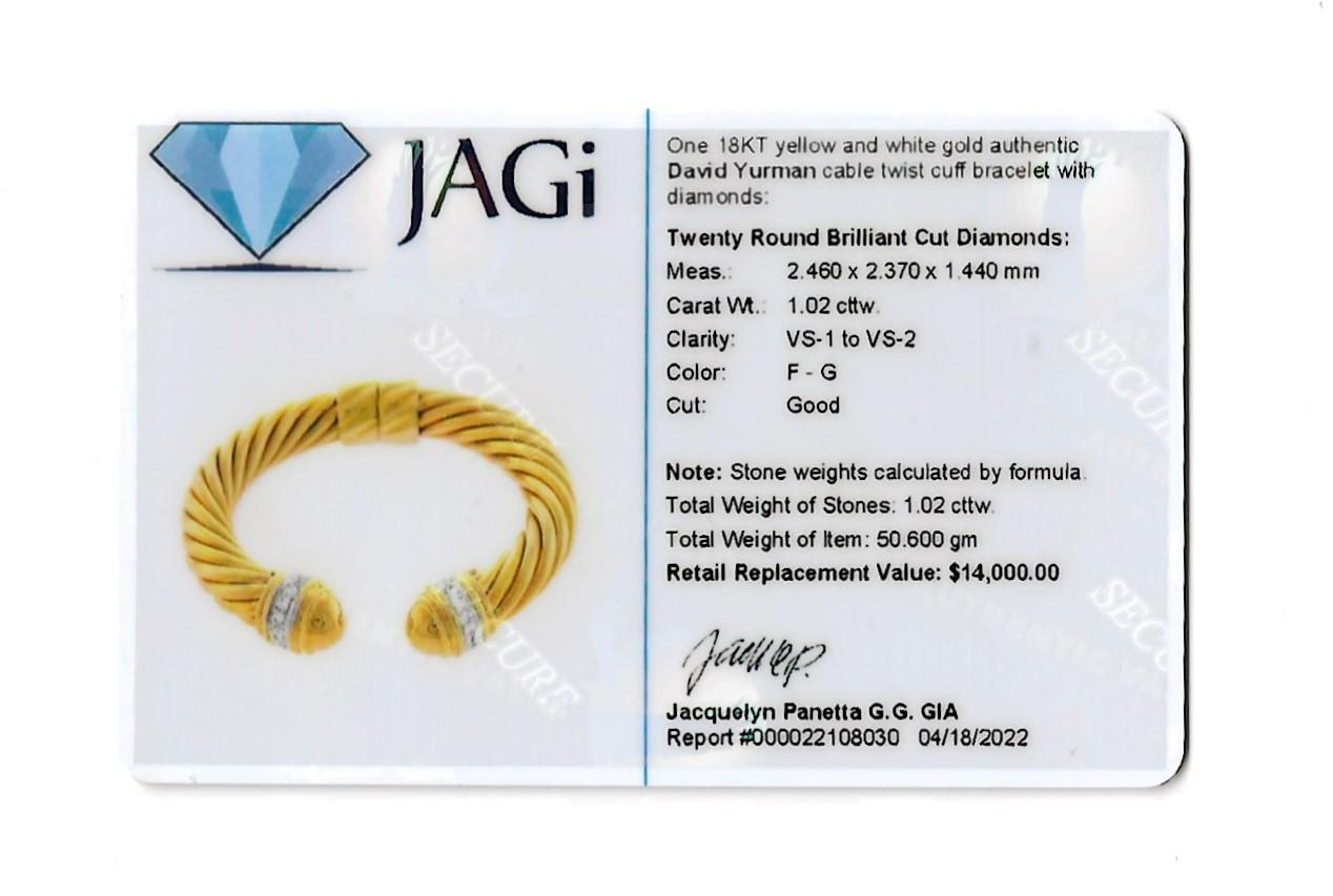 David Yurman 18 Karat Yellow Gold Cable Twist Cuff Bracelet with Diamond Accents 2