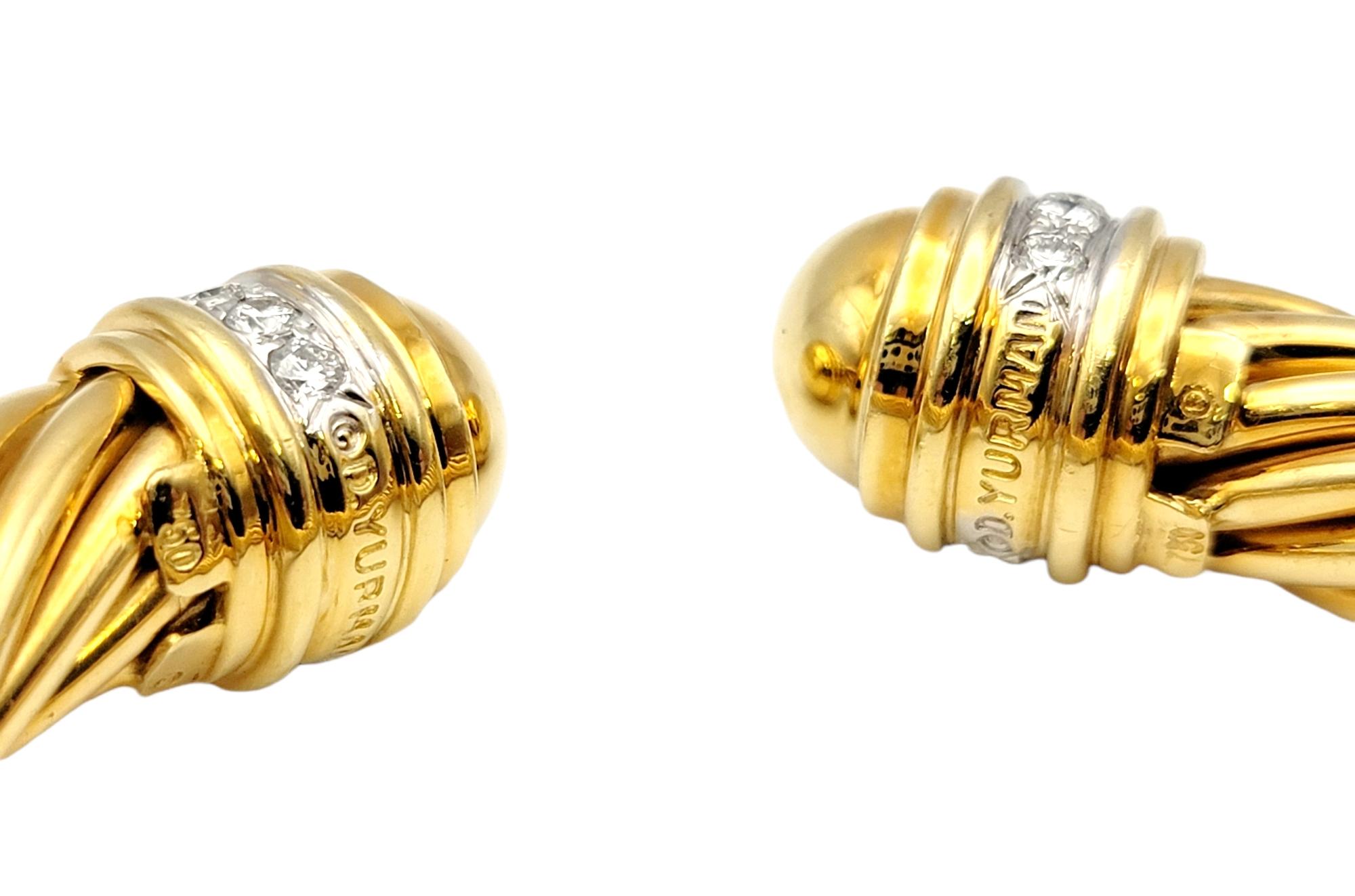 Contemporary David Yurman 18 Karat Yellow Gold Cable Twist Cuff Bracelet with Diamond Accents
