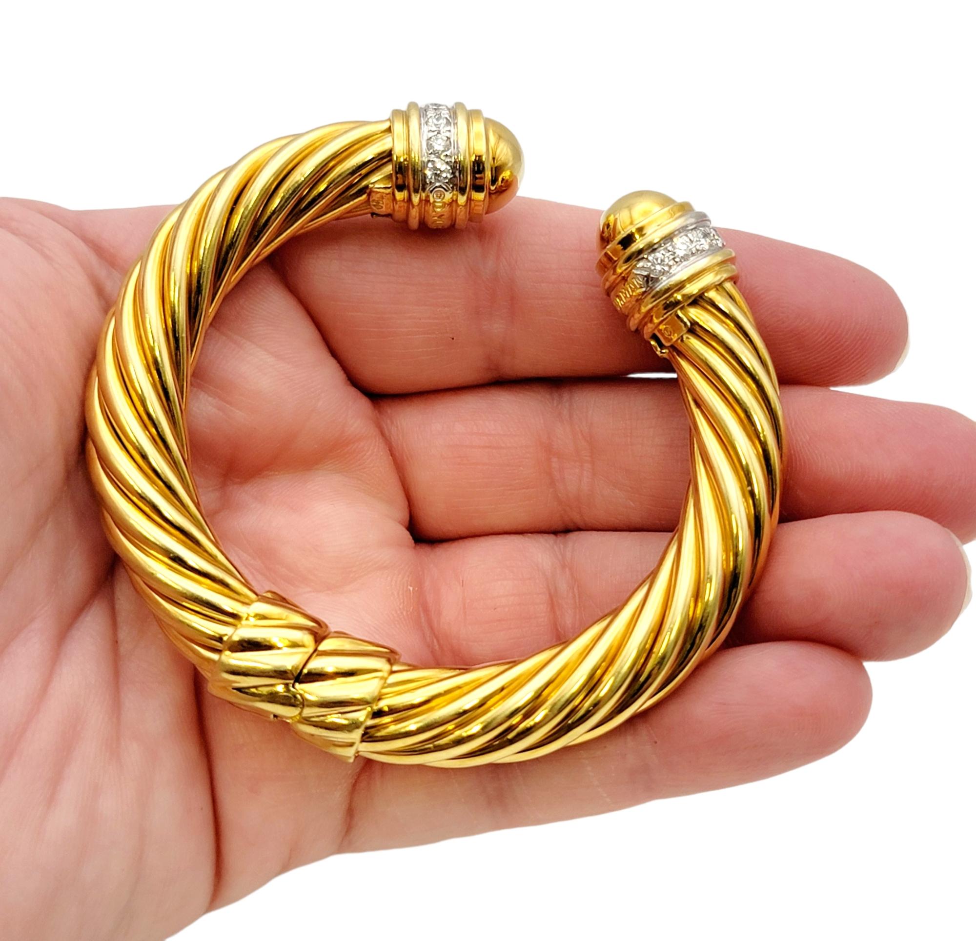 David Yurman 18 Karat Yellow Gold Cable Twist Cuff Bracelet with Diamond Accents In Good Condition In Scottsdale, AZ