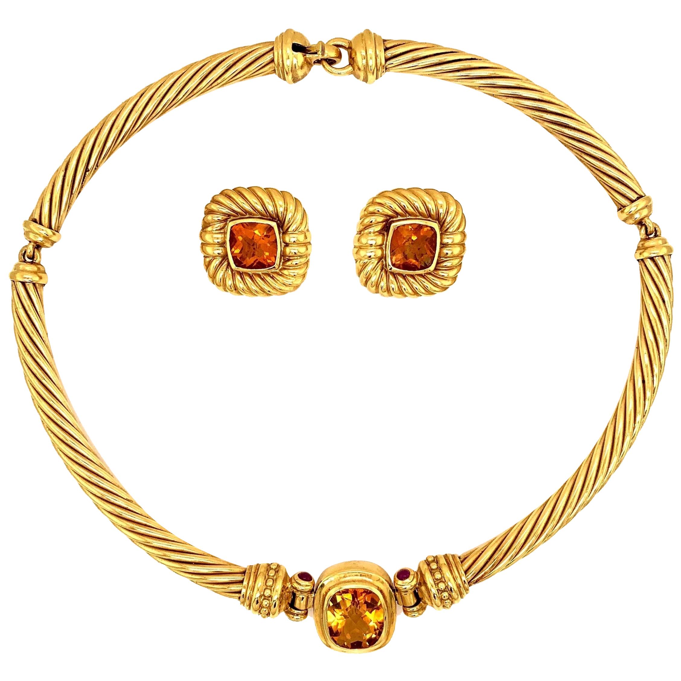 David Yurman 18 Karat Yellow Gold Citrine Choker Necklace and Earrings