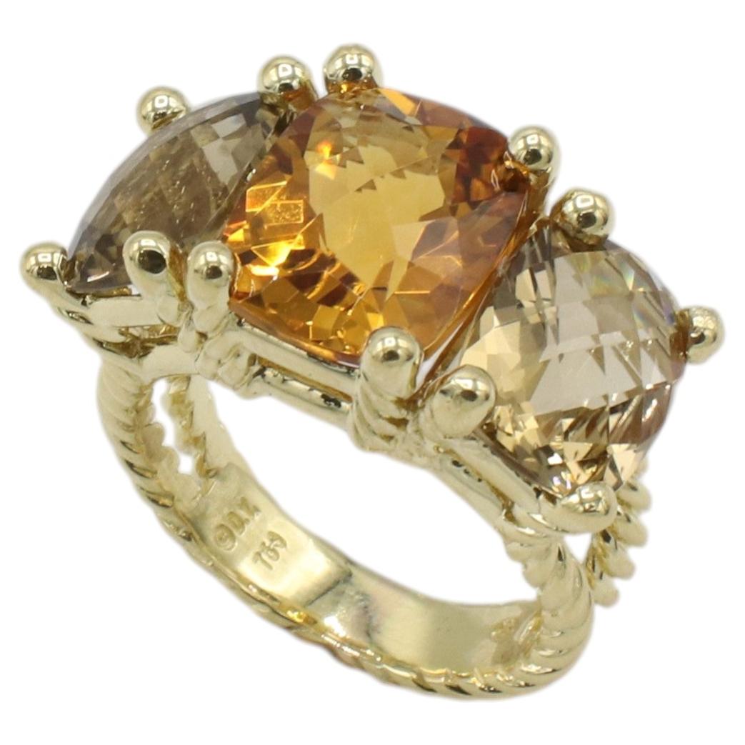 David Yurman 18 Karat Yellow Gold Citrine & Smoky Quartz Three Stone Band Ring