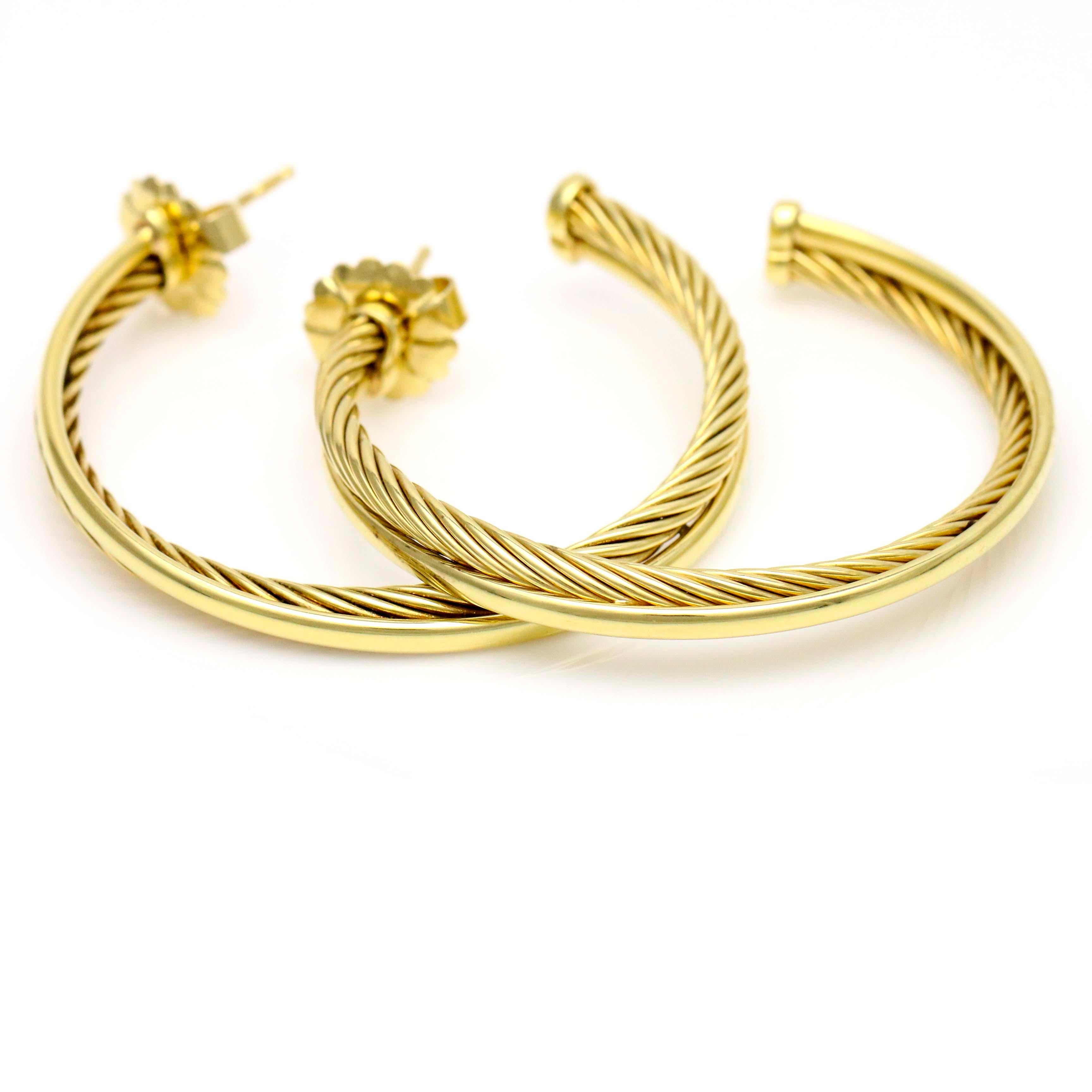 David Yurman 18 Karat Yellow Gold Crossover Hoop Earrings In Excellent Condition For Sale In Fort Lauderdale, FL