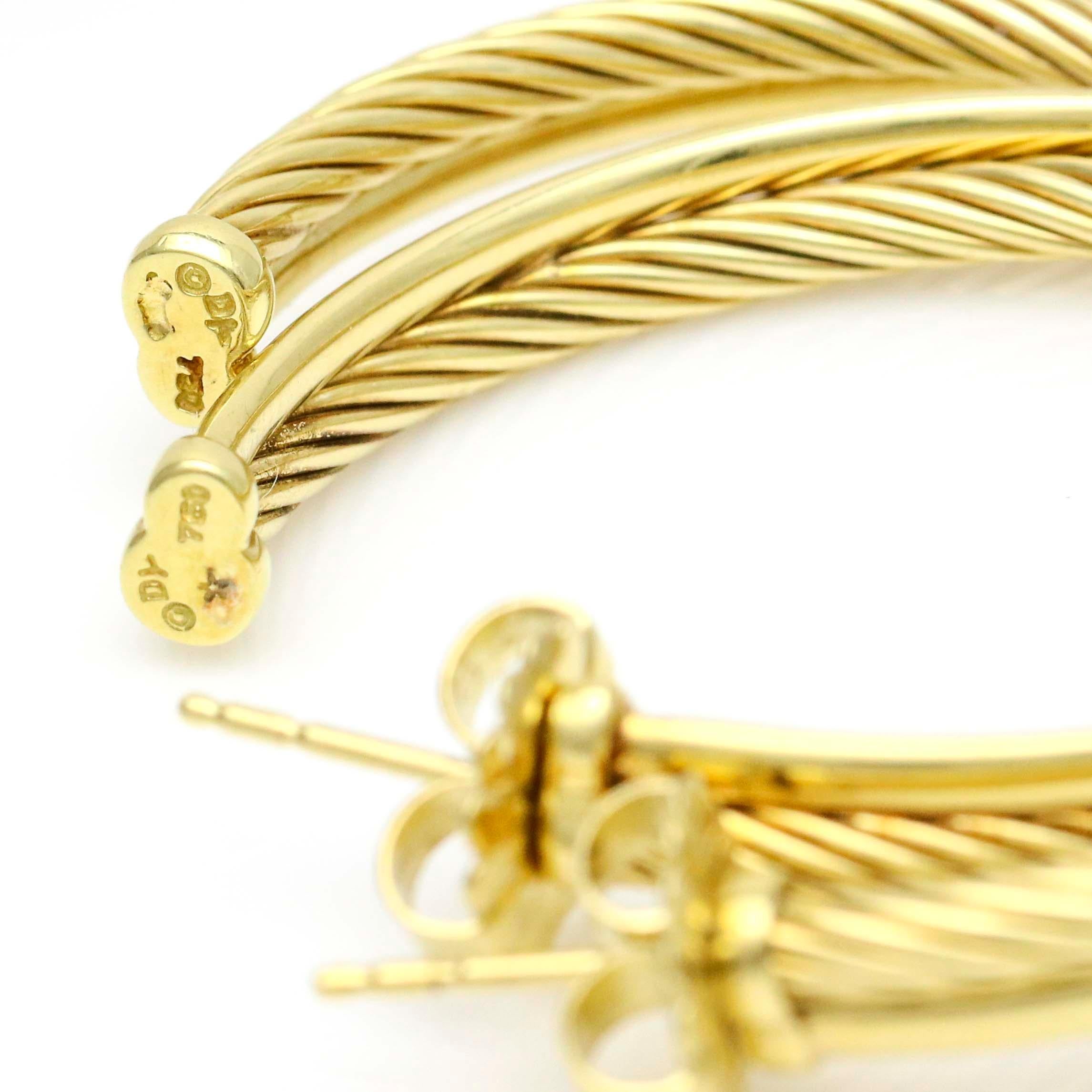 David Yurman 18 Karat Yellow Gold Crossover Hoop Earrings For Sale 1
