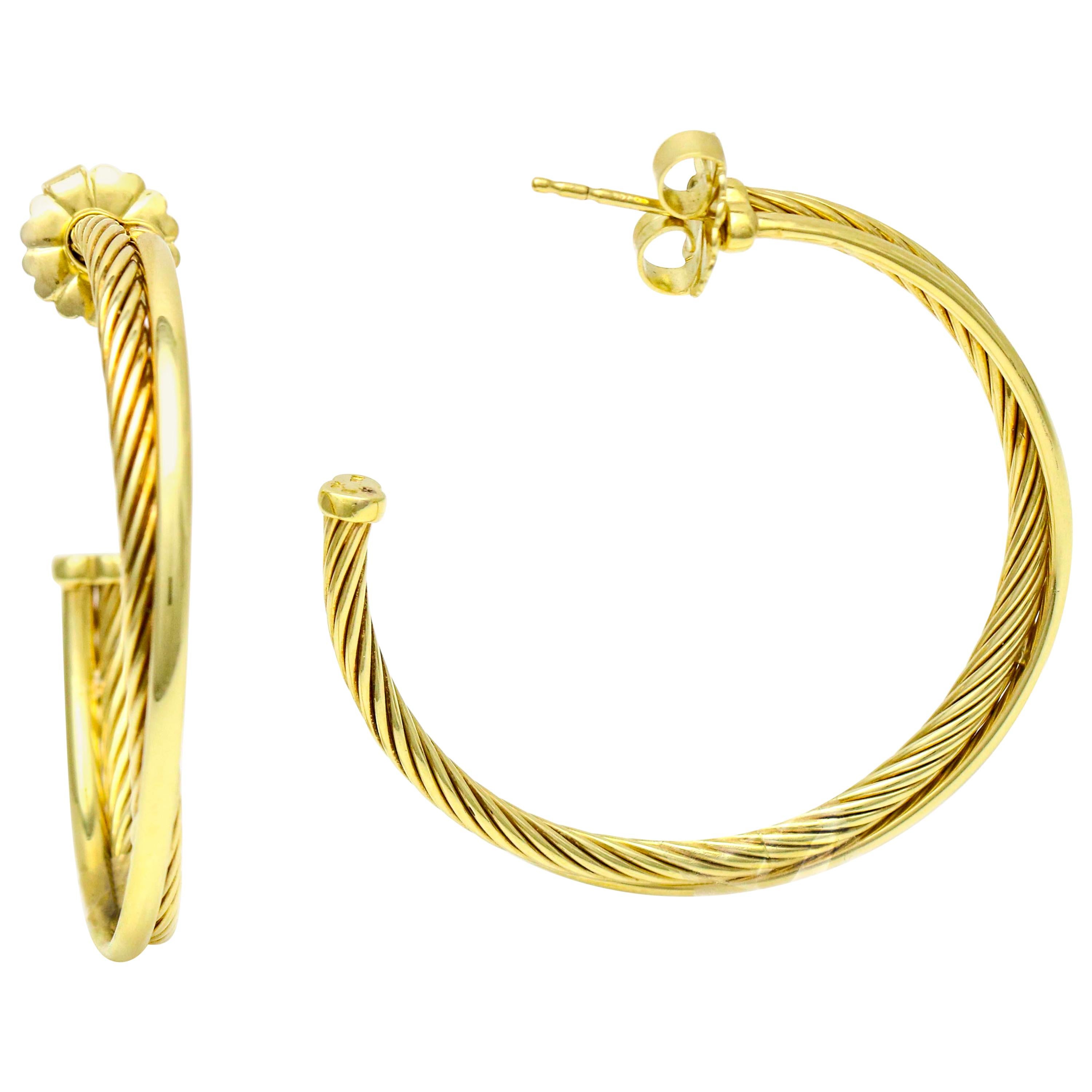 David Yurman 18 Karat Yellow Gold Crossover Hoop Earrings For Sale
