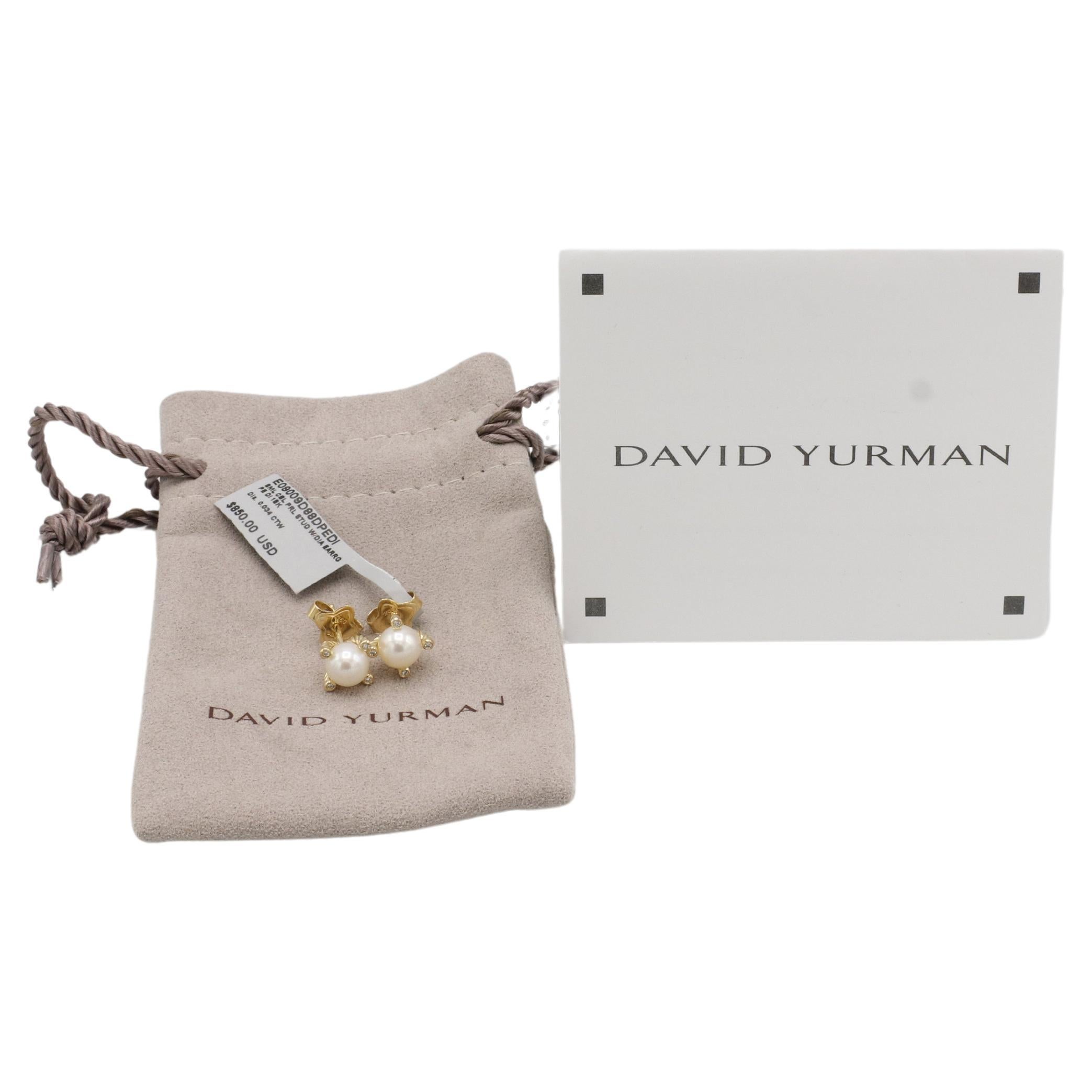 David Yurman 18 Karat Yellow Gold Cultured Pearl & Natural Diamond Stud Earrings
Metal: 18k yellow gold
Weight: 2.63 grams
Pearls: 6.5mm cultured white pearls with creamy luster
Diameter: 7.4mm
Diamonds: 0.034 CTW round natural diamonds G VS
Backs: