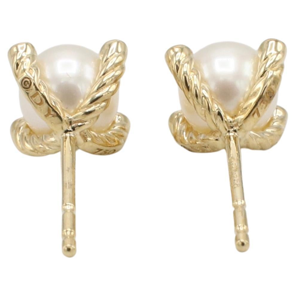 Round Cut David Yurman 18 Karat Yellow Gold Cultured Pearl & Natural Diamond Stud Earrings