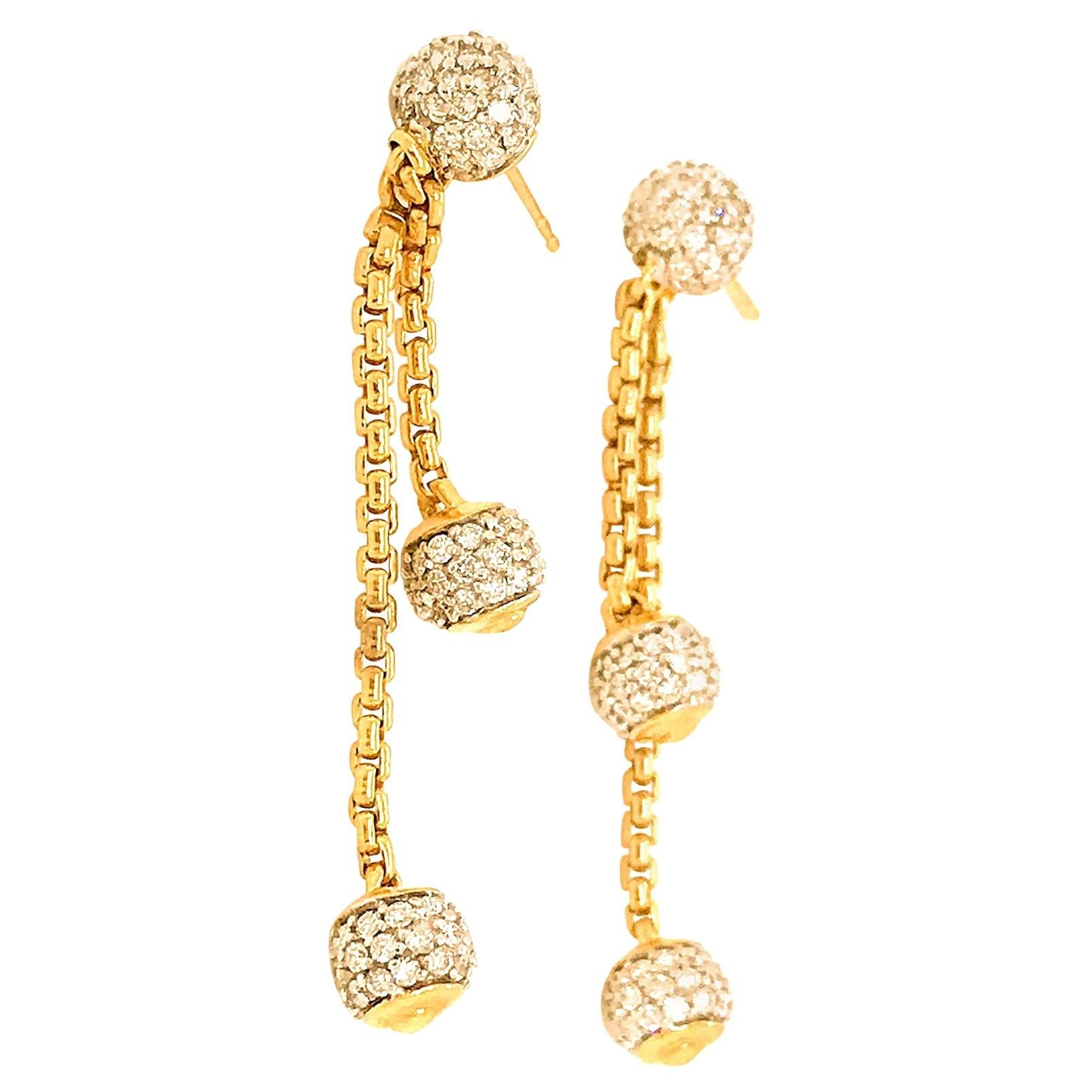 David Yurman 18 Karat Yellow Gold Diamond Ball Drop Earrings For Sale