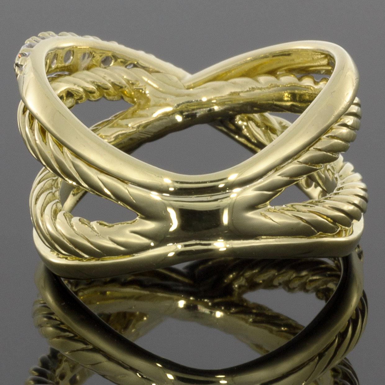 Round Cut David Yurman 18 Karat Yellow Gold Diamond Crossover Cable Band Ring