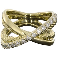 David Yurman 18 Karat Yellow Gold Diamond Crossover Cable Band Ring