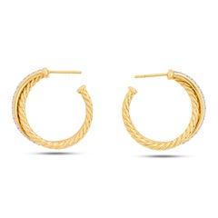 David Yurman 18 Karat Yellow Gold Diamond Crossover Hoop Earrings