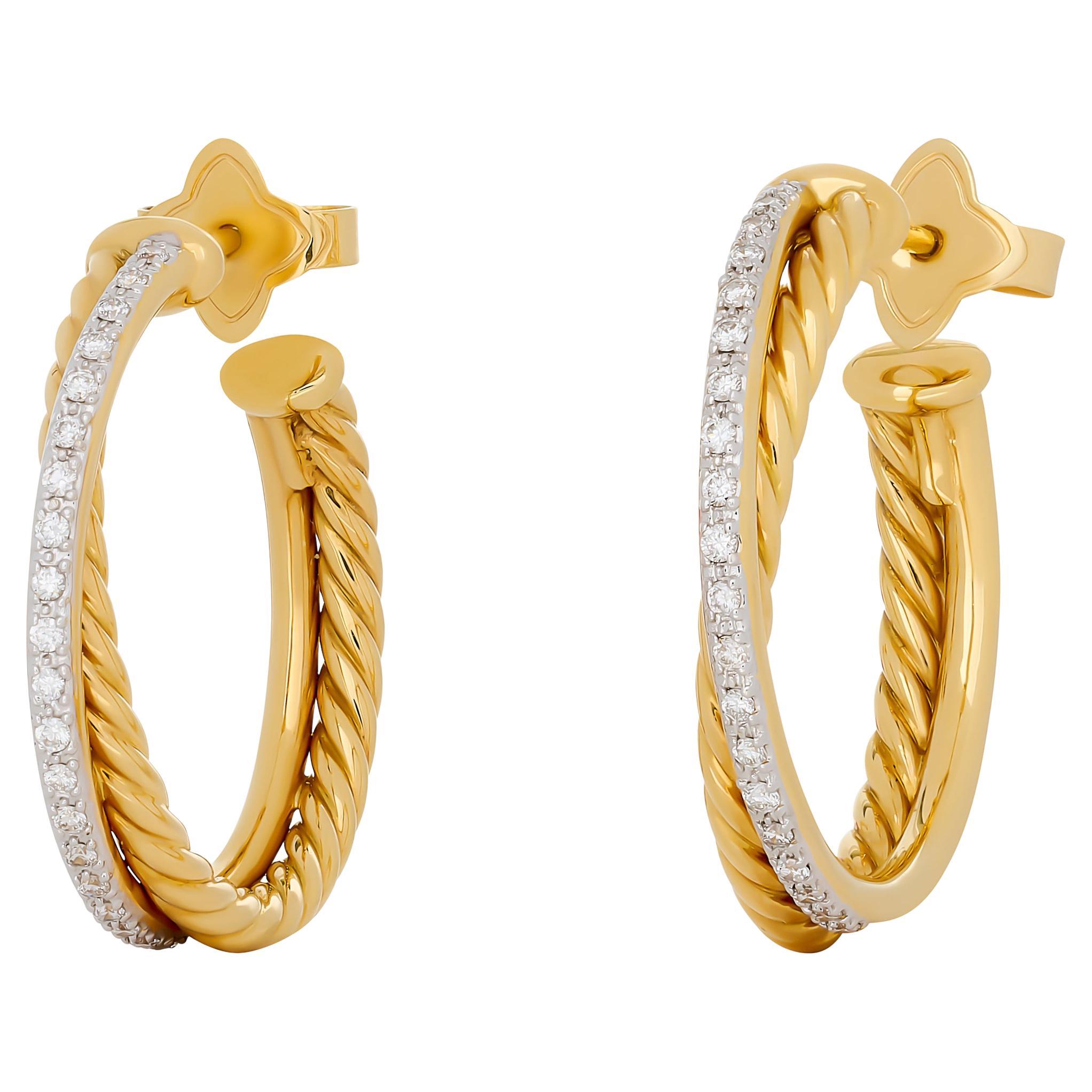 David Yurman 18 Karat Yellow Gold Diamond Crossover Hoop Earrings en vente