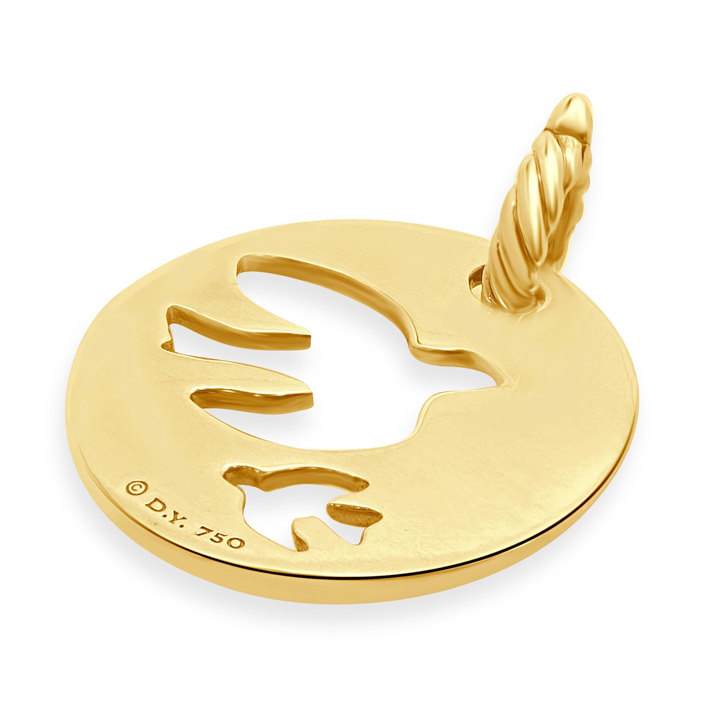 Designer: David Yurman
Material: 18K yellow gold
Diamond: 2 round brilliant cut = 0.01cttw
Color: G/H
Clarity: SI2
Dimensions: pendant measures 28.3 x 22mm
Weight: 5.35 grams