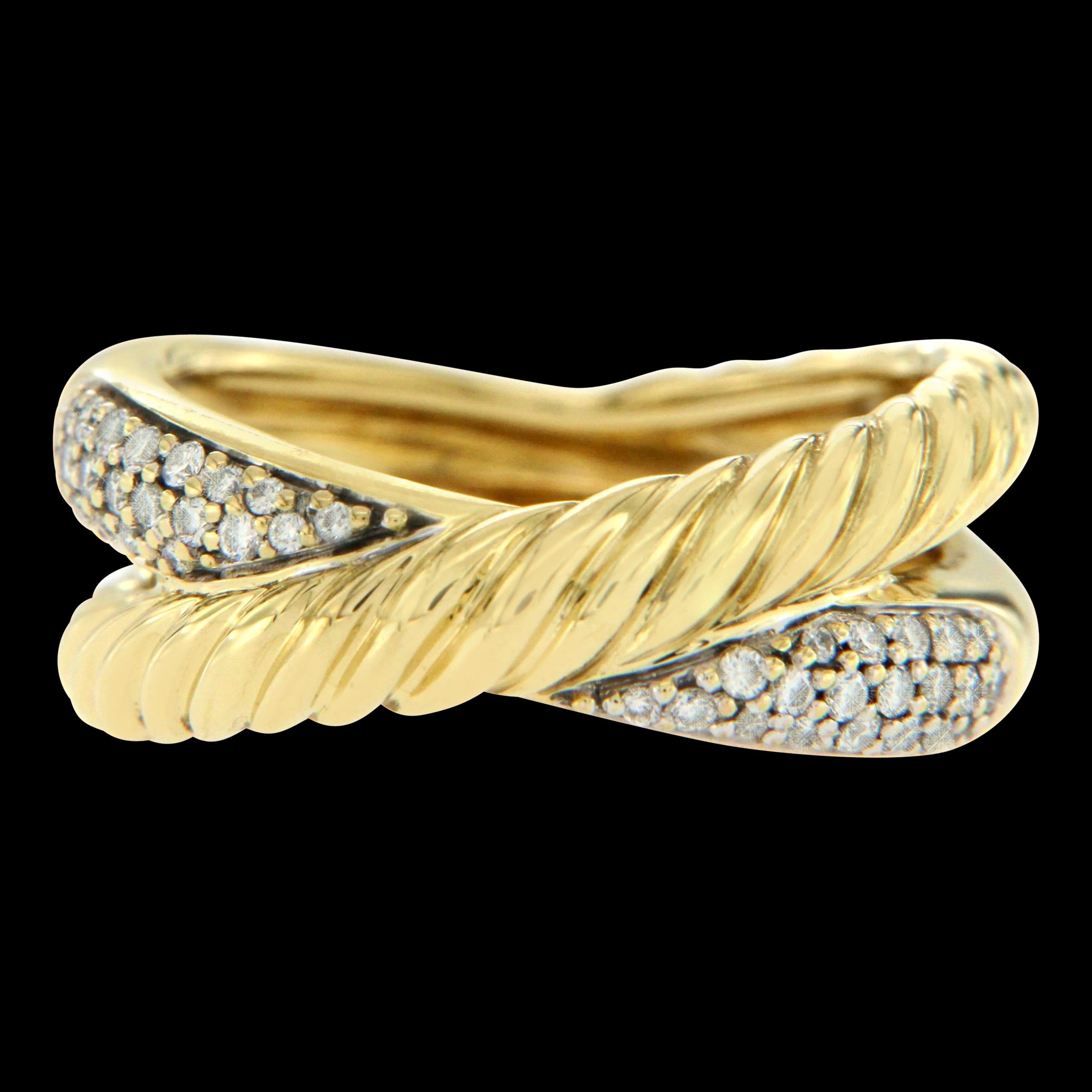 Type: Ring
Top: 7.6 mm
Band Width: 4.2 mm
Metal: Yellow Gold
Metal Purity: 18K
Size:7
Hallmarks: DY 750
Total Weight: 6.7 Grams
Stone Type: Diamonds
Condition: Per-Owned
Stock Number: U11
Retail Price: APX $2995