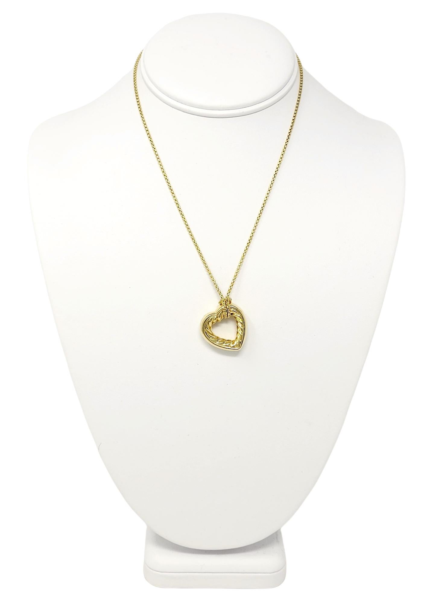 Contemporary David Yurman 18 Karat Yellow Gold Open Heart Cable Pendant Necklace Box Chain For Sale