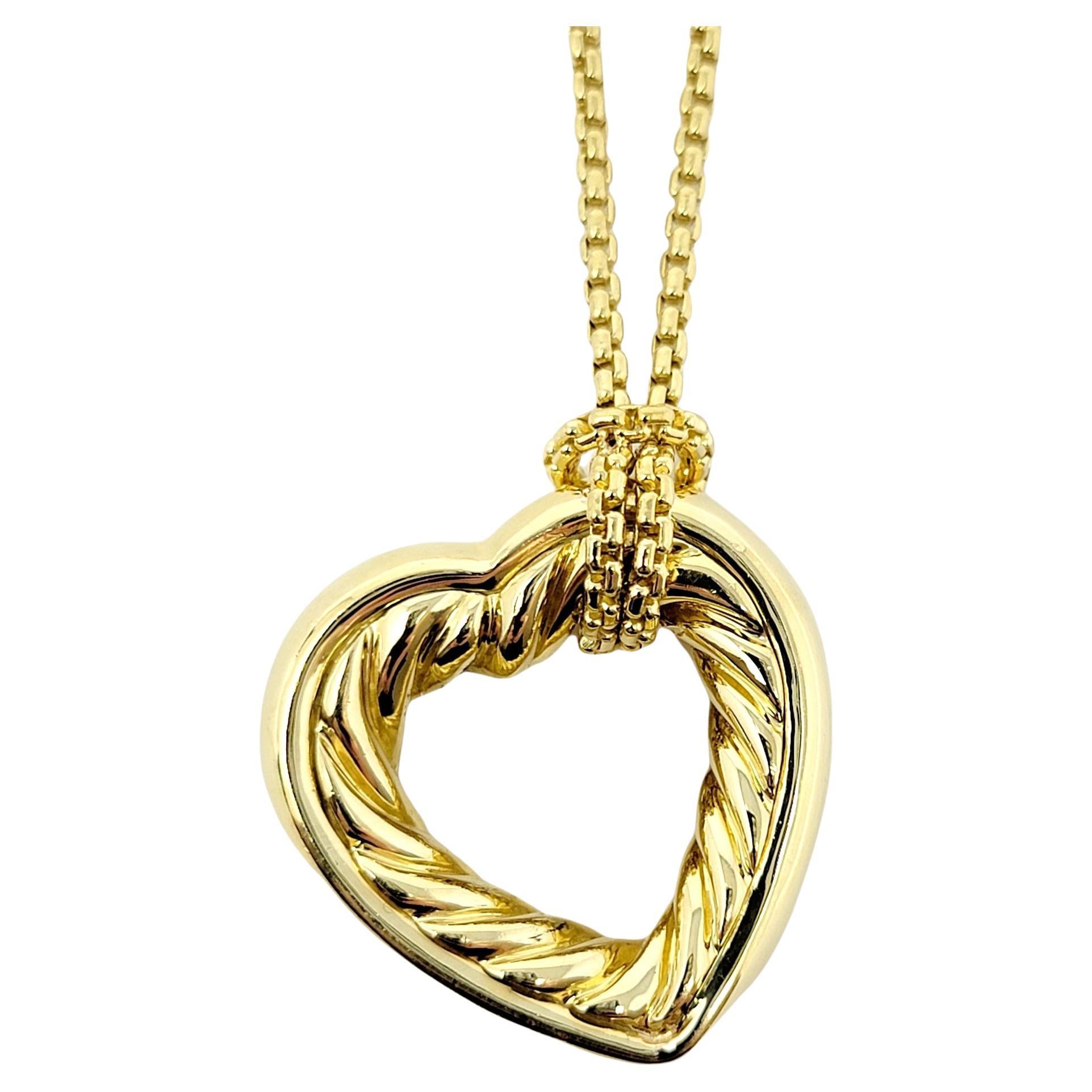 David Yurman 18 Karat Yellow Gold Open Heart Cable Pendant Necklace Box Chain For Sale